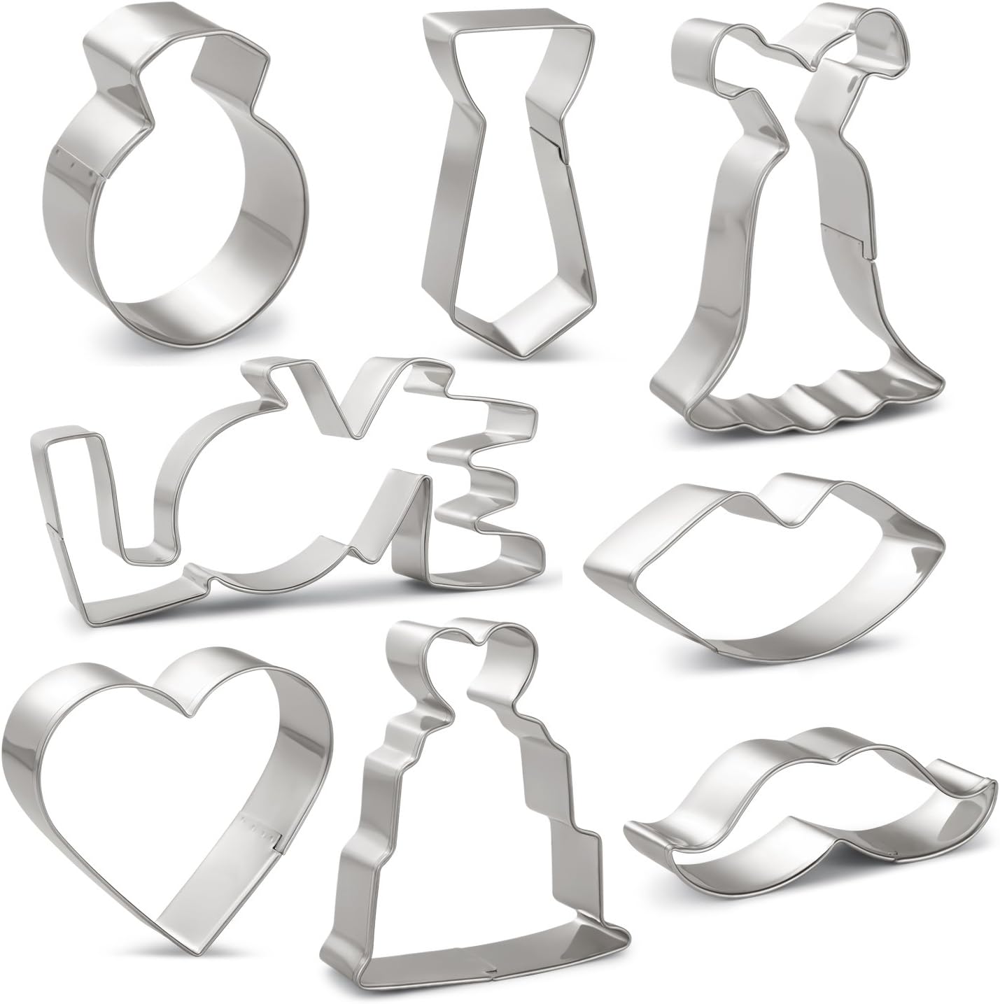 Wedding Cookie Cutters Wedding Dress, Wedding Cake, Diamond Ring, Heart, Lips, Beard, LOVE Word and Tie - Stainless Steel 8 PCS
