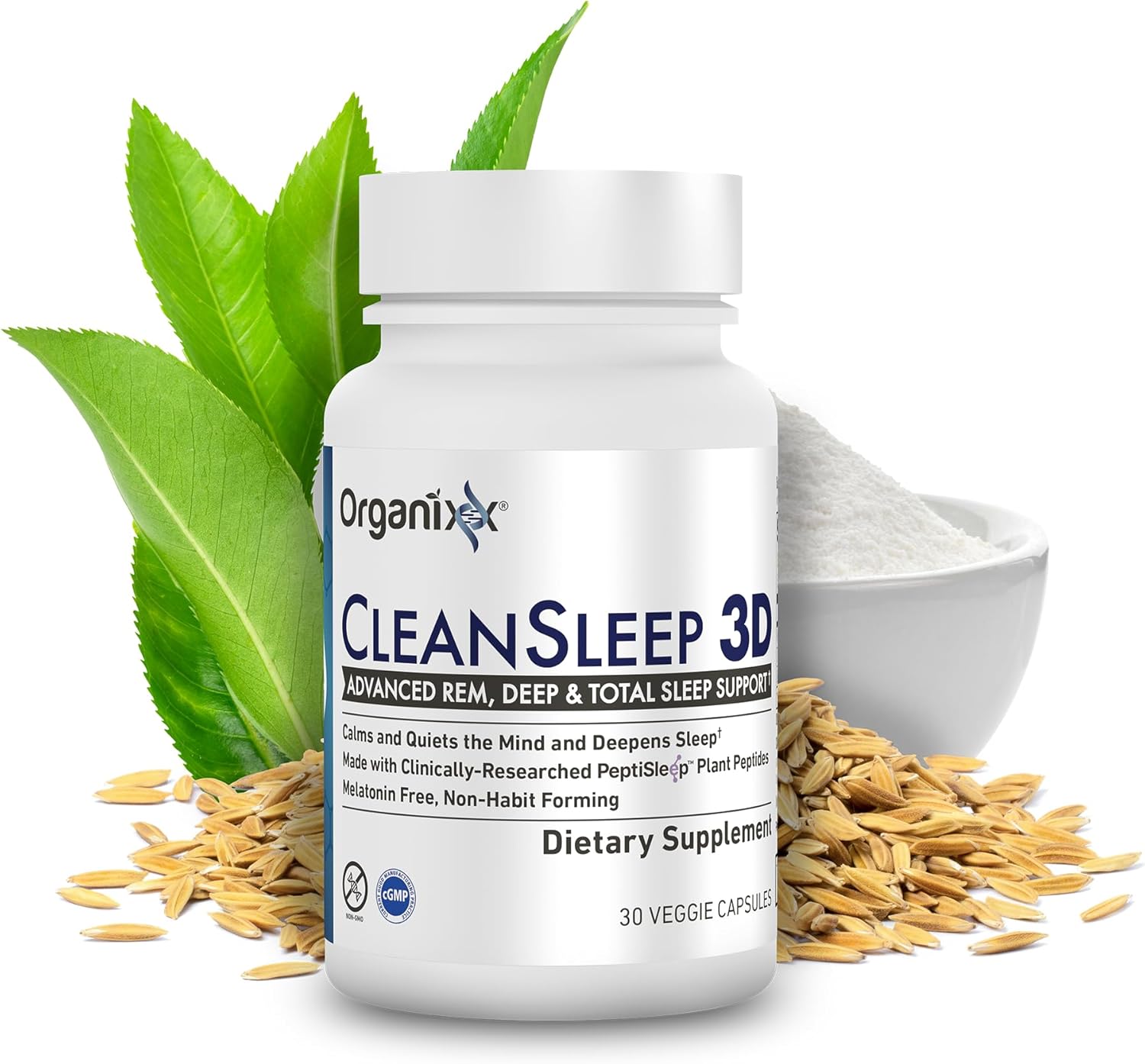 Organixx Clean Sleep 3D, Melatonin Free Sleep Supplement with L Theanine, GABA, and Peptides to Promote Relaxation and Sleep Support, Vegan Formula, Dairy, Soy & Gluten Free, Non GMO, 30 Capsules
