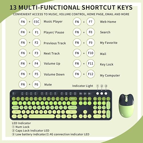 Miniatura 8 de Teclado y mouse inalámbricos, 104 teclas redondas MOFII máquina de escribir retro con OTG y cepillo, ergonómico de tamaño completo, ideal para PC