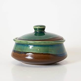 350 ml Green & Brown Glazed Ceramic Donga with Lid | Curd Setter & Dahi Handi | Microwave Safe Small Serving Donga for Biryani, Dal, Curry, Sabzi, Gravies & Desserts (Set of 1)