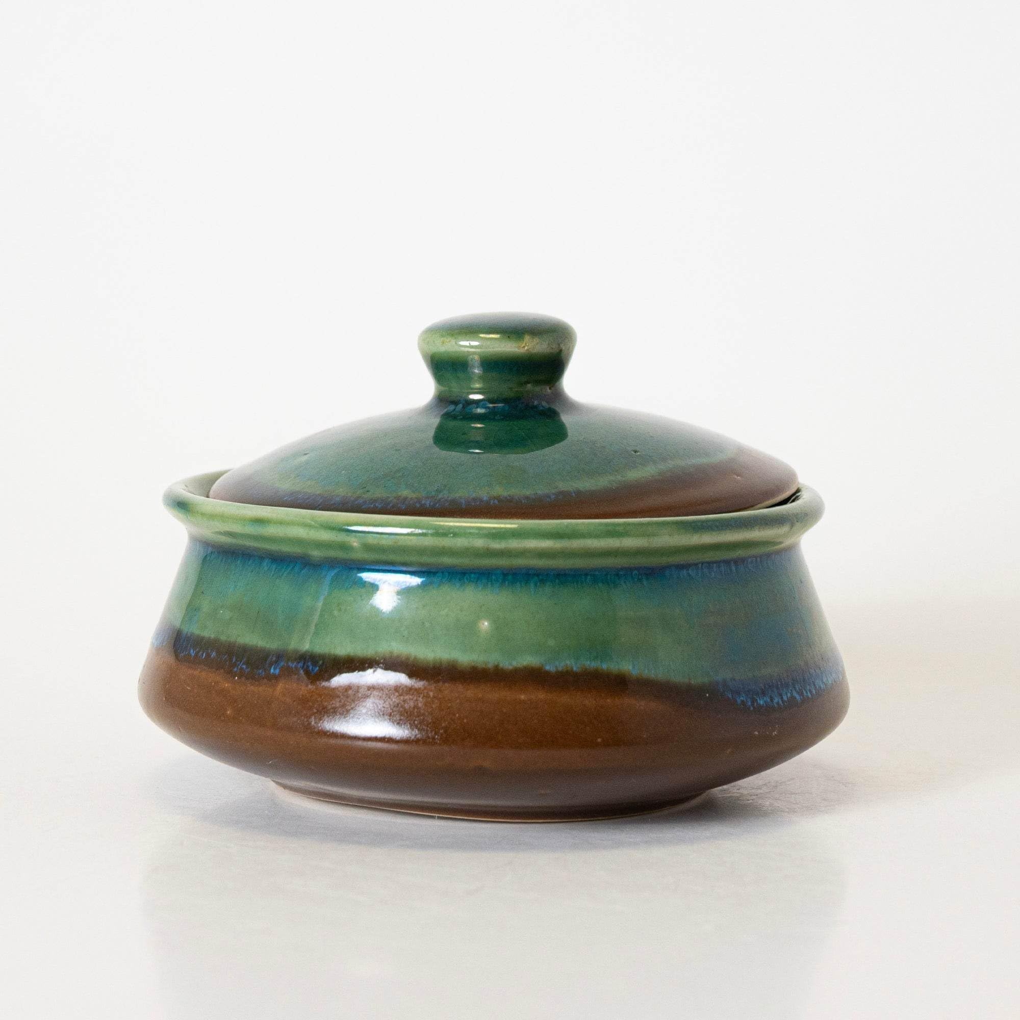 KALAKRITI 350 ml Green & Brown Glazed Ceramic Donga with Lid | Curd Setter & Dahi Handi | Microwave Safe Small Serving Donga for Biryani, Dal, Curry, Sabzi, Gravies & Desserts (Set of 1)