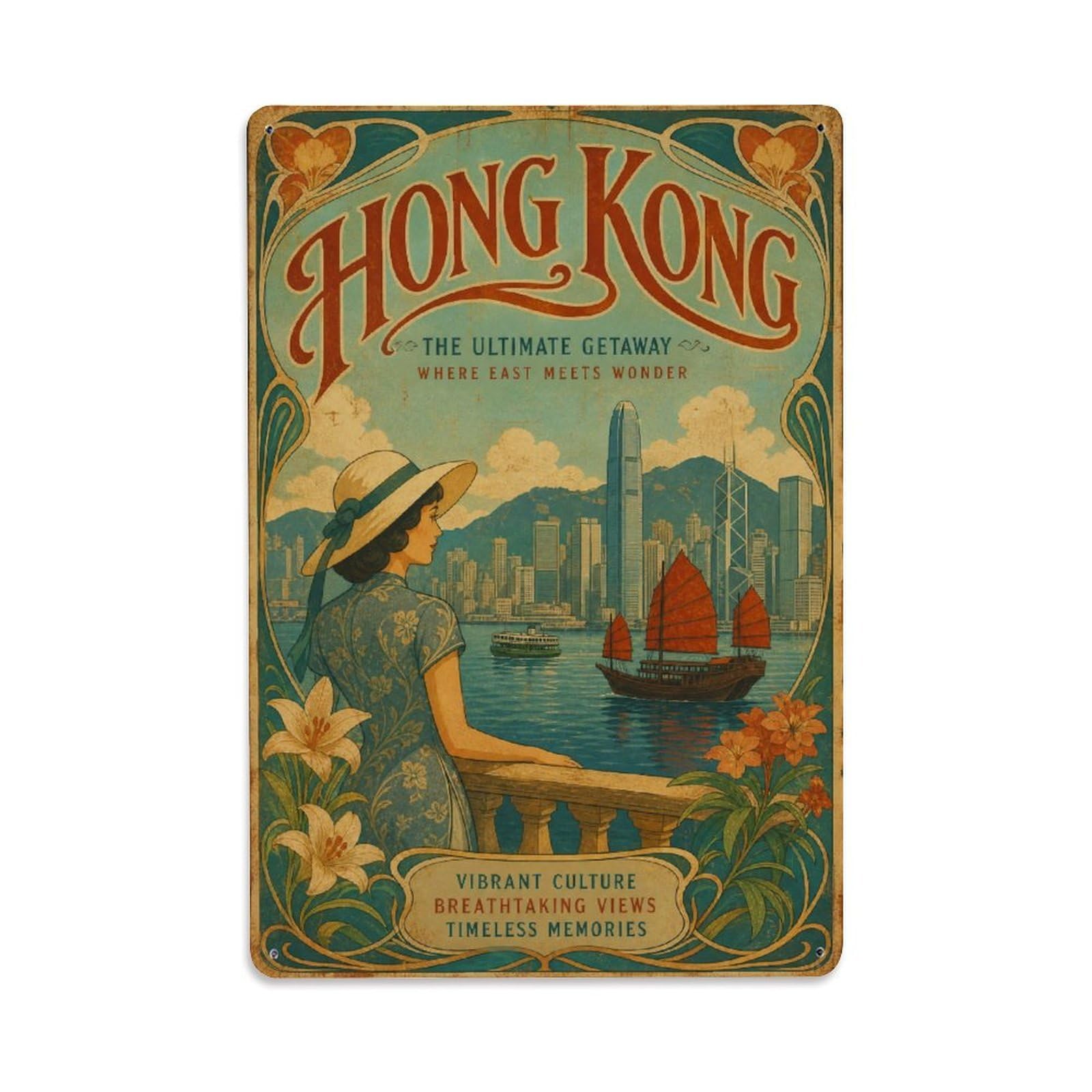 Gead 8X12inch Style Vintage Travel Hong Kong Getaway Metal Tin Sign