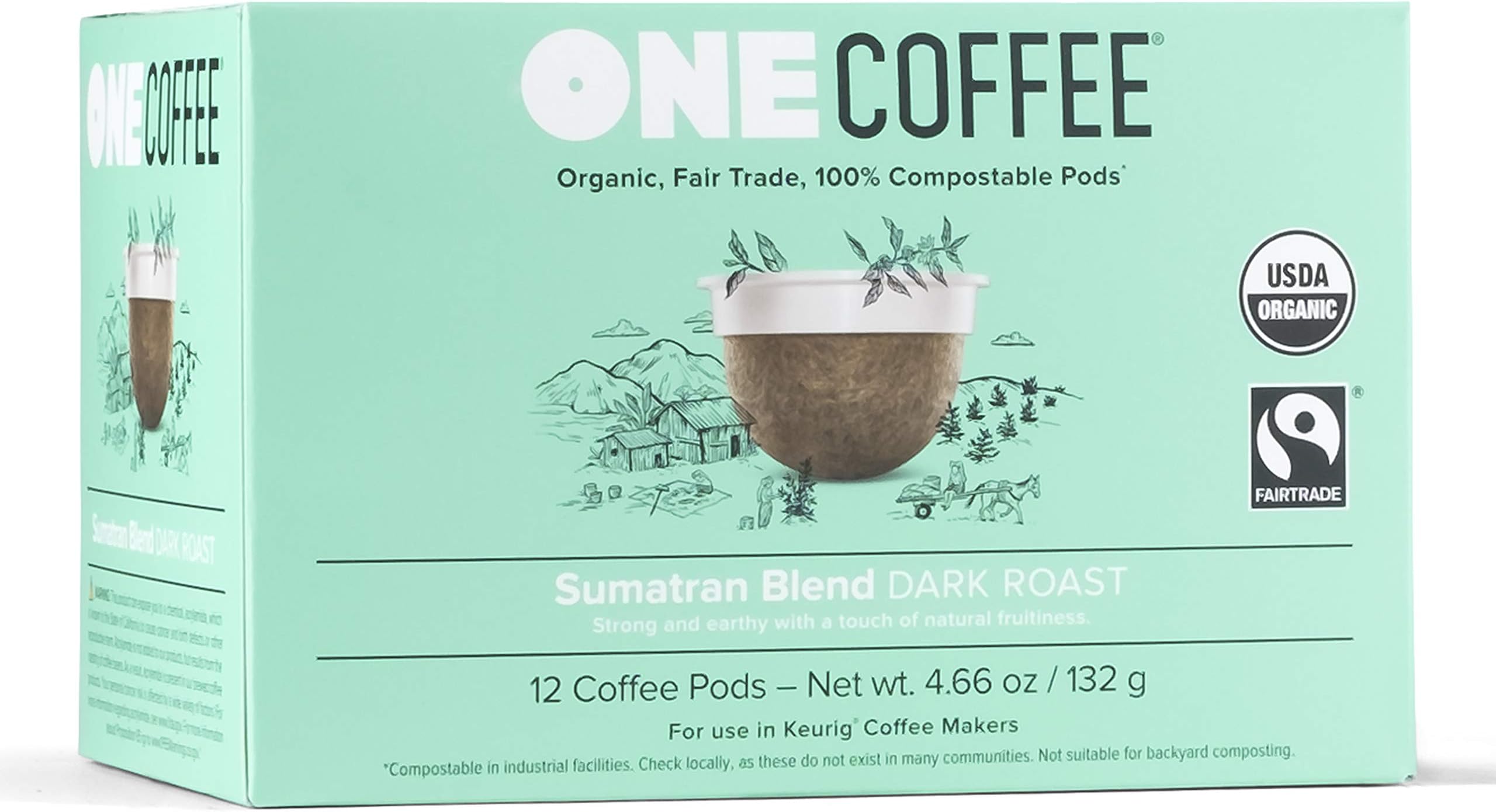 OneCoffeeOrganic Sumatran Blend 12 Count Single Serve Coffee 100% Compostable K Cup for Keurig Machines - Dark Roast