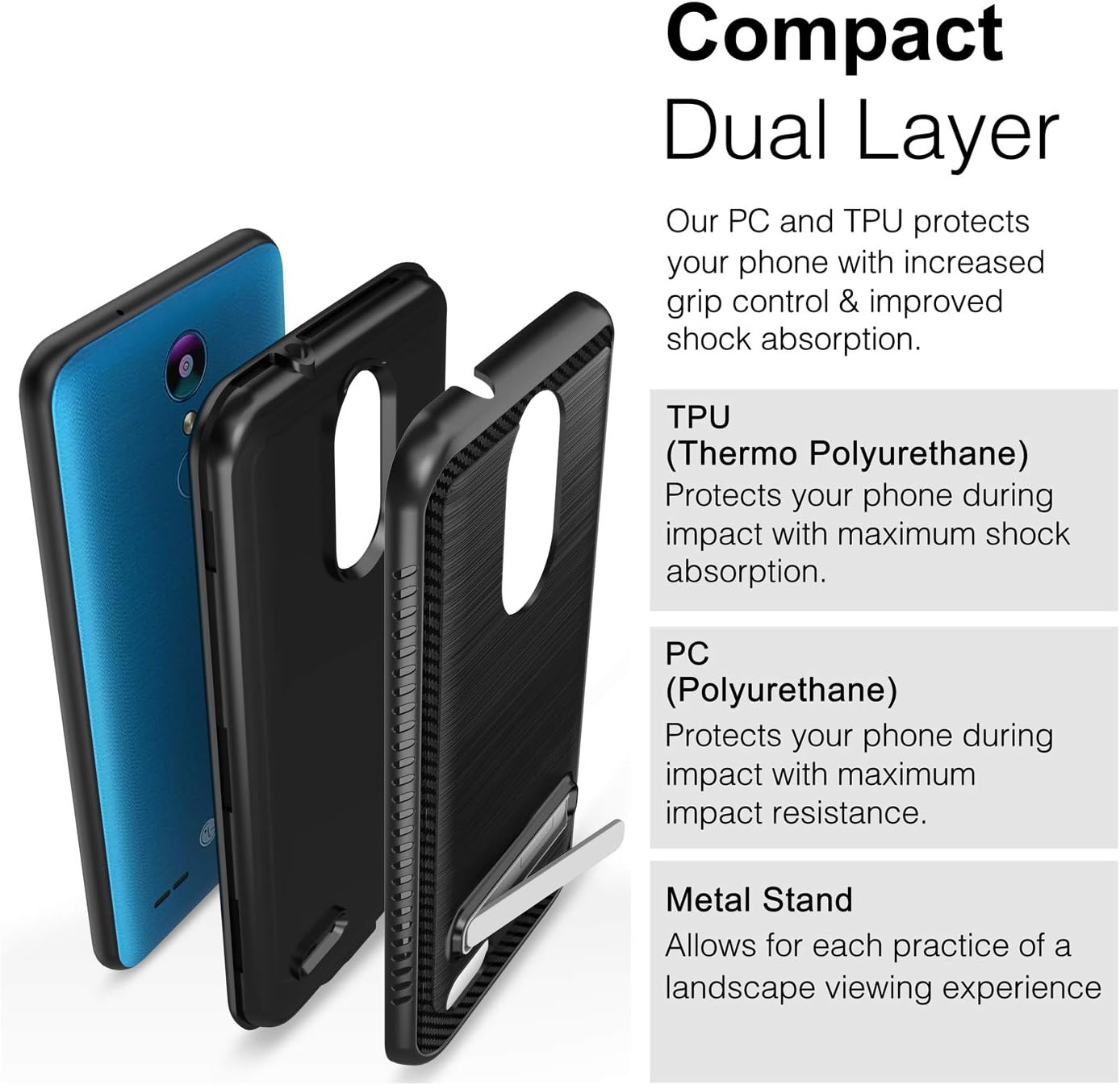 Androgate for LG Rebel 4 LTE Phone case, Aristo 3/ Phoenix 4/ Aristo 2/ Aristo 2 Plus/Tribute Dynasty/Fortune 2/ K8 2018/ Zone 4 Case, Shock-Absorption Protective Cover Case with Kickstand, Black