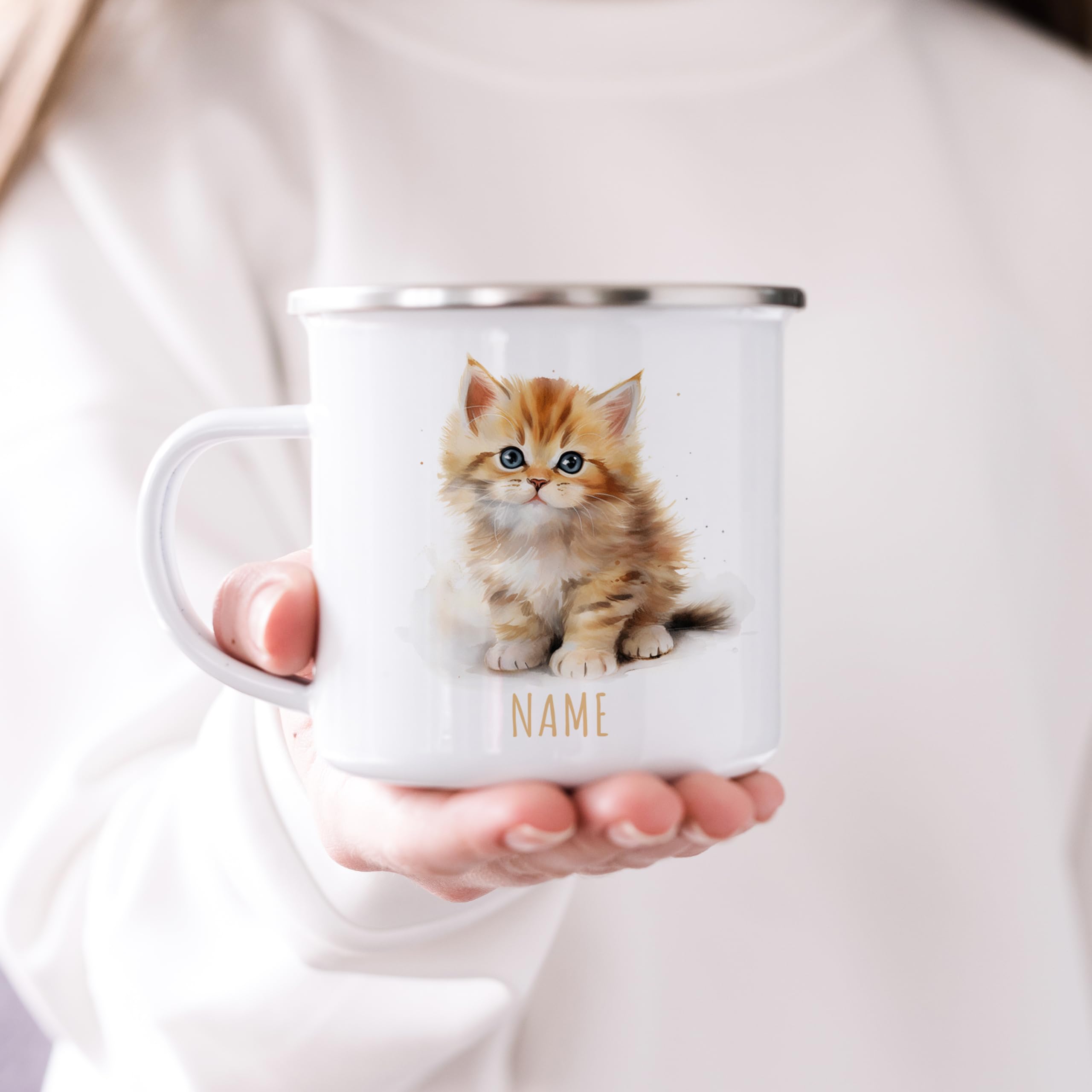 Katze Emaille Tasse Kinder Trinkbecher personalisierte Kindertasse mit Namen süßer Kinderbecher für Mädchen & Jungen Geschenk Emaille Becher 300 ml