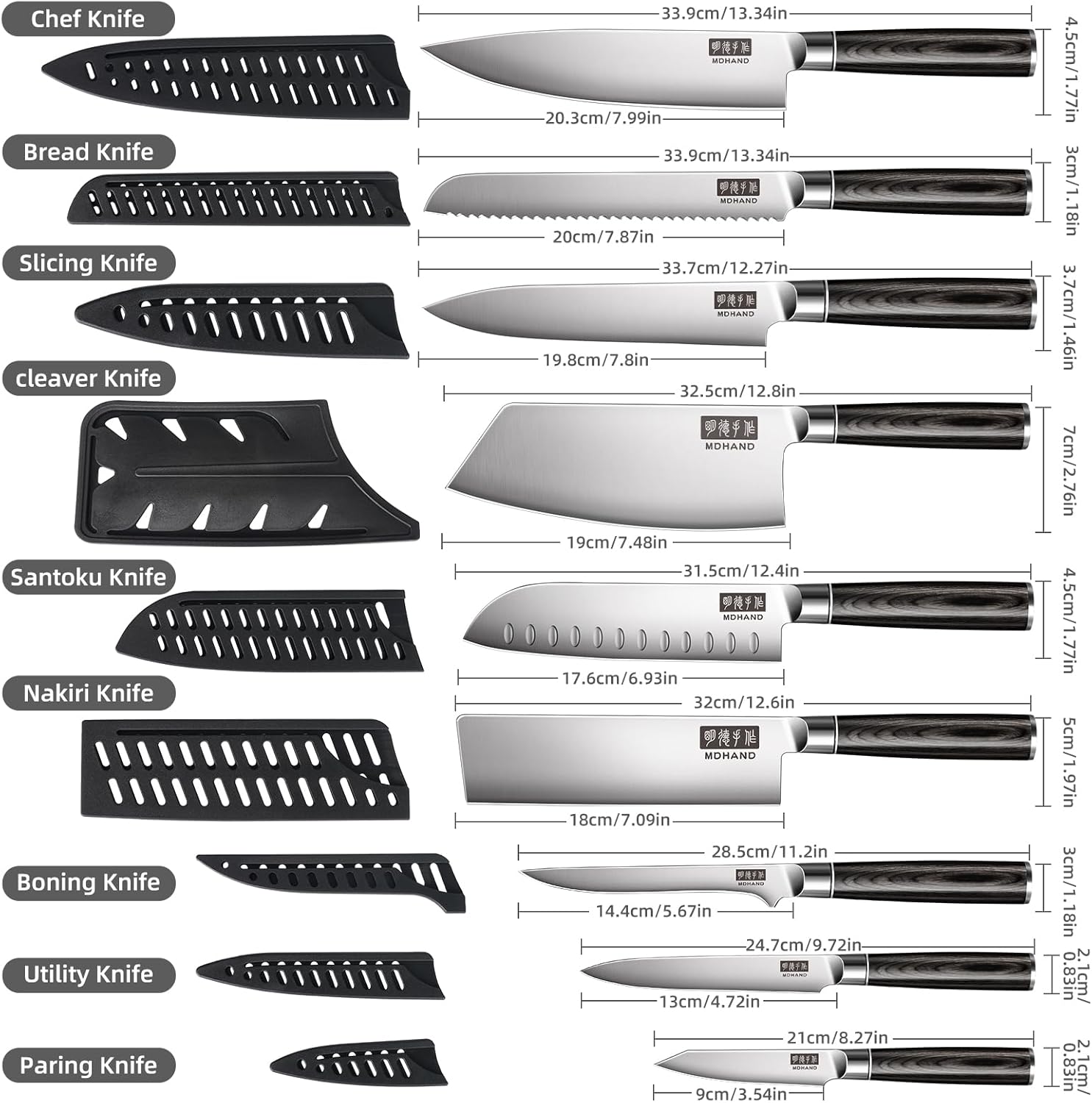 MDHAND Chef Knife Set with Roll Bag, 10PCS Professional Knife Set with Sharpener, High Carbon Stainless Steel Japanese Kitchen Knives - Black Pakkawood Handle, Dishwasher Safe, For Cooking, Chef Gifts