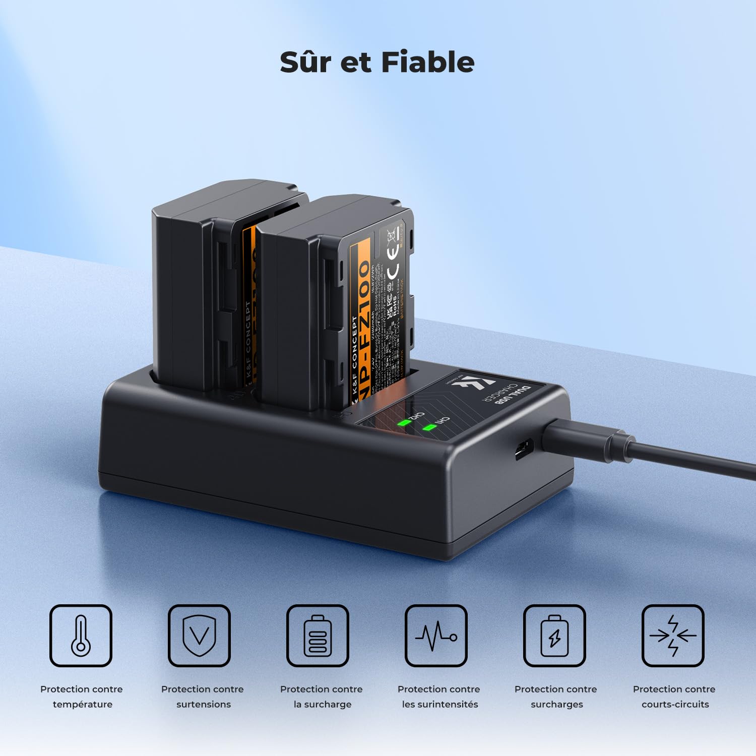 K&F CONCEPT NP-FZ100 Batterie et Chargeur à Double Fente Compatible avec pour Sony A7iii, A7iv, A7C, A6700, A6600, ZV-E1, ZV-E10ii, FX3, FX30, A9, Alpha 9, Alpha 9S, A9S, A7R3, A7R4 Camera Batteries