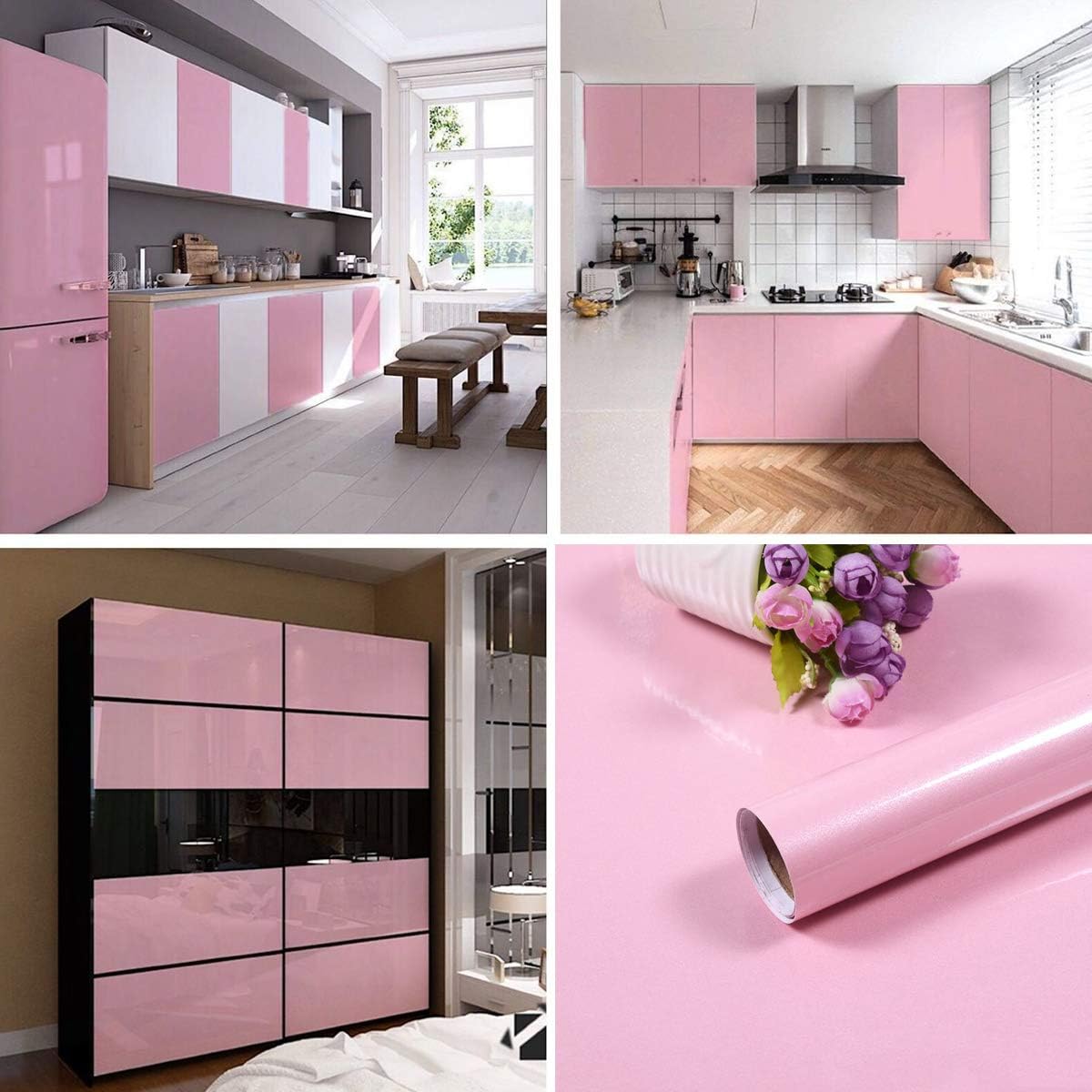 15.7"x118.1" Pink Contact Paper Glossy Pink Peel and Stick Wallpaper Glitter Wallpaper Removable Self Adhesive Wall Paper Decorative Cabinet Furniture Kitchen Countertop