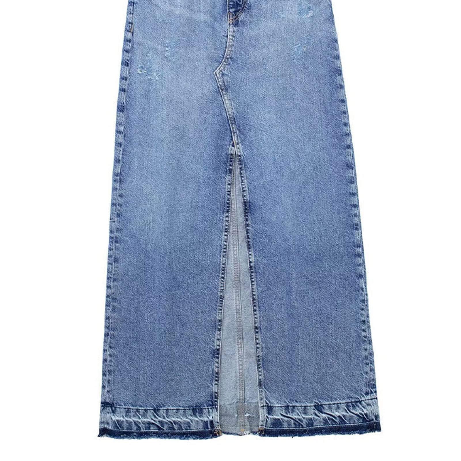 Falda larga para mujer, color azul vaquero, con cremallera frontal, abertura frontal, cintura alta, falda para mujer