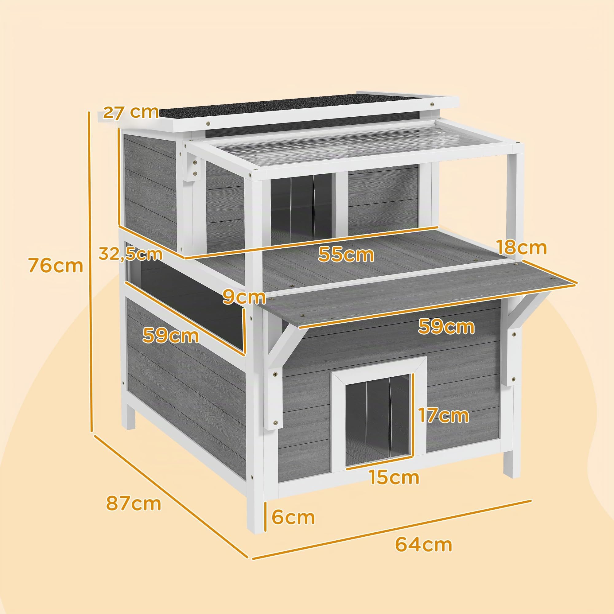 PawHut Casa para Gatos de 2 Niveles de Madera 64x87x76 cm con Techo Asfáltico, Ventana y Puerta con Cortina para Interior y Exterior Gris Claro