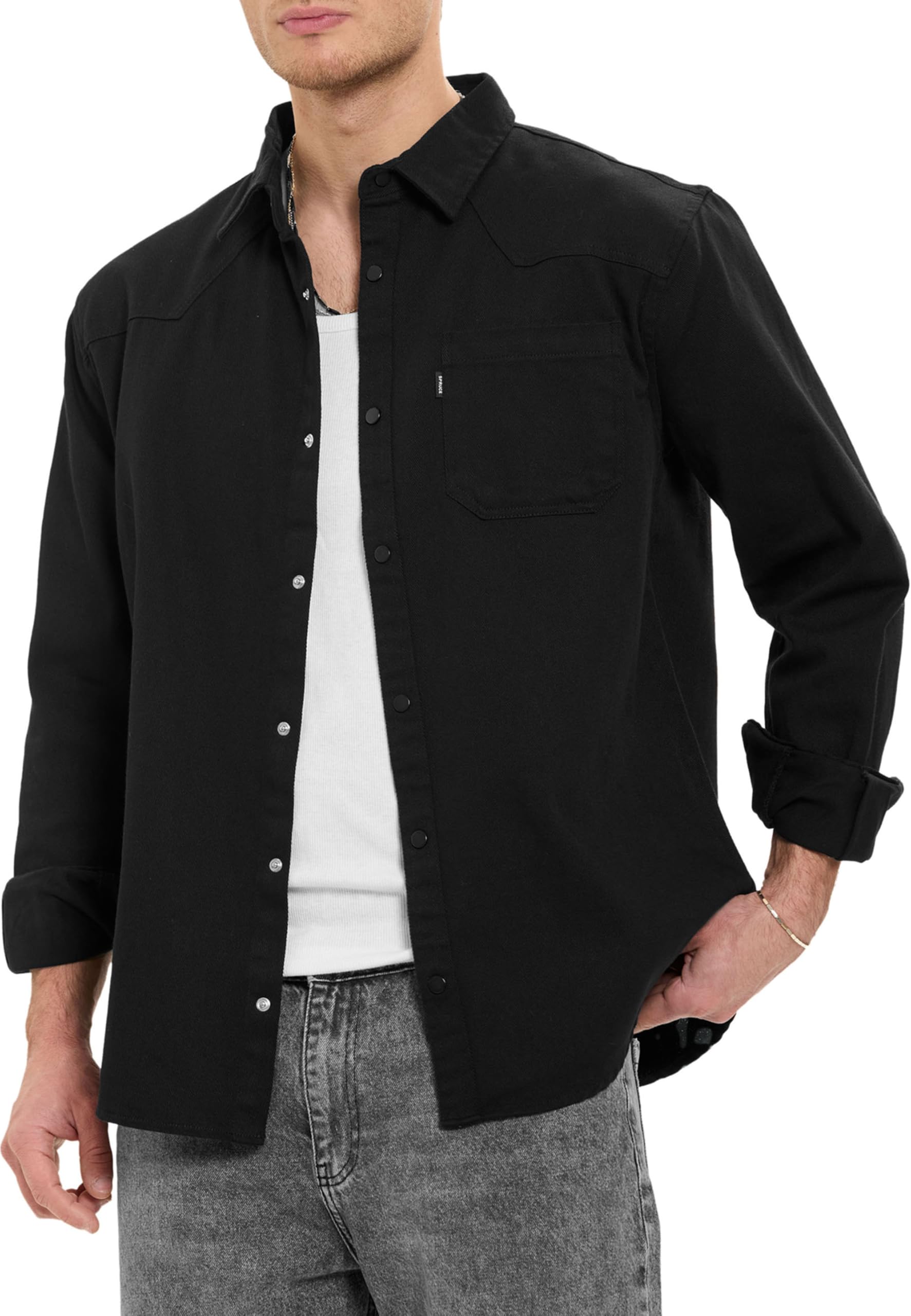 by Spruce Overshirt Langarm Hemdjacke mit Druckknöpfen & Brusttasche Lässiges Shirt für Freizeit Übergang