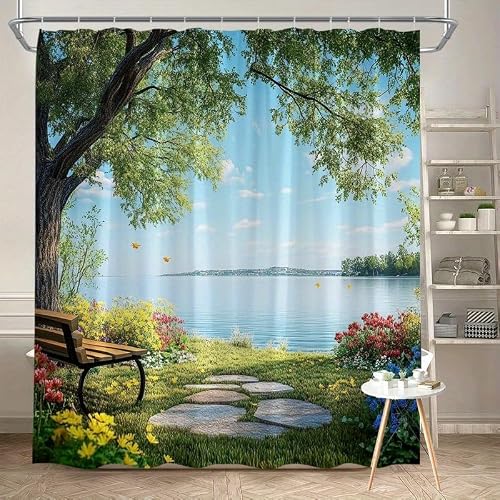 Glwdmb X-16 1 Piece 180X200cm Lakeside Scene Printed Shower Curtain With Hook, Polyester, For Windows And Walls, Bathtub, Bathroom, Machine Washable, All Season Universal