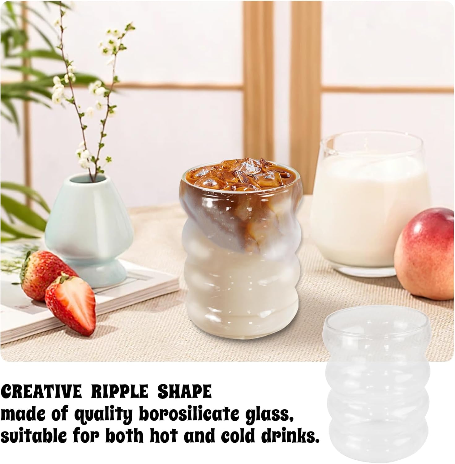 Ribbed Glass Cup 10 Oz Vintage Drinking Glassware Creative Small Ripple Glasses for Iced Coffee Juice Beverage Milk Cocktail Cute Wavy Glass Cups - Image 5