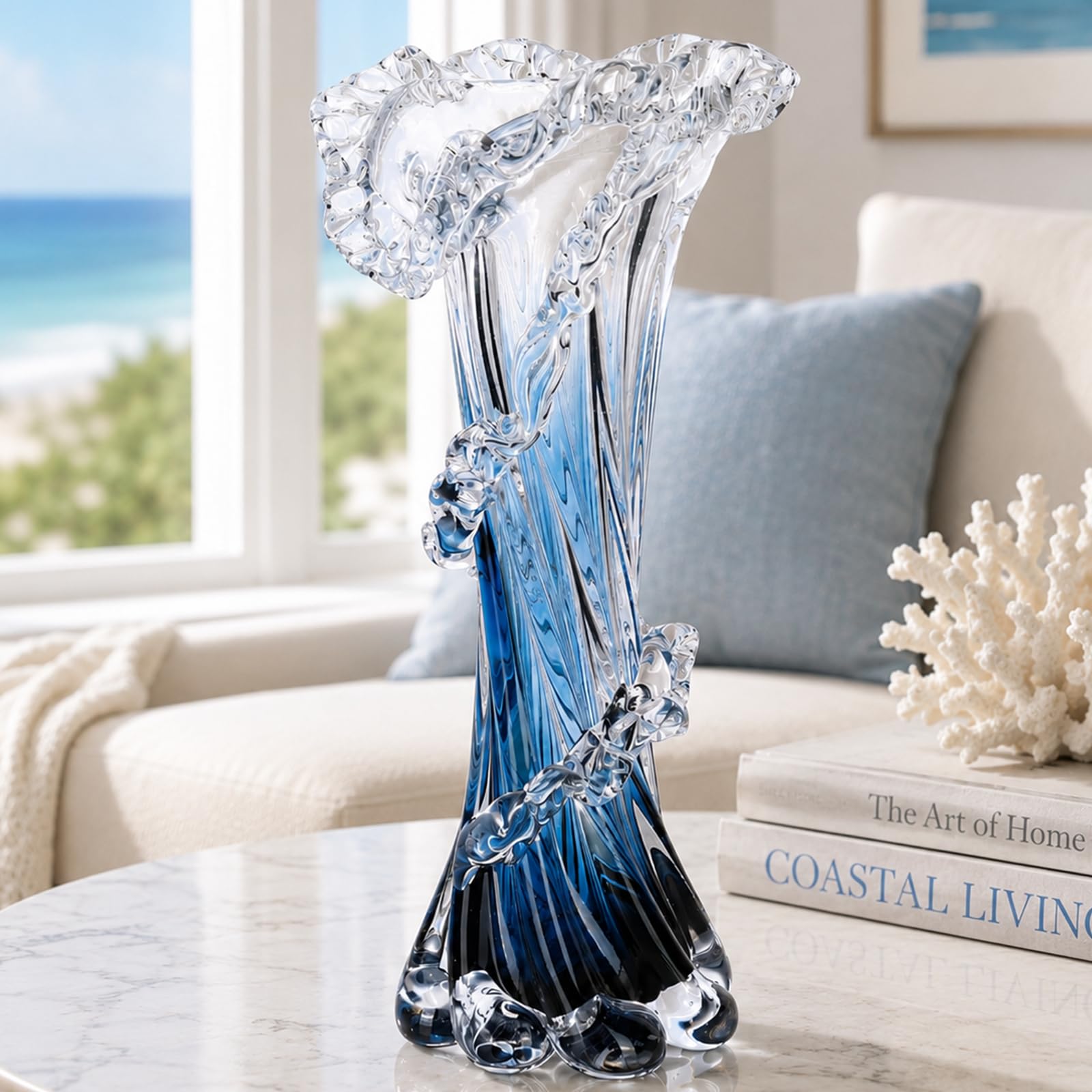 Vase en verre soufflé à la bouche bleu de 30.5 cm façon vagues de mer