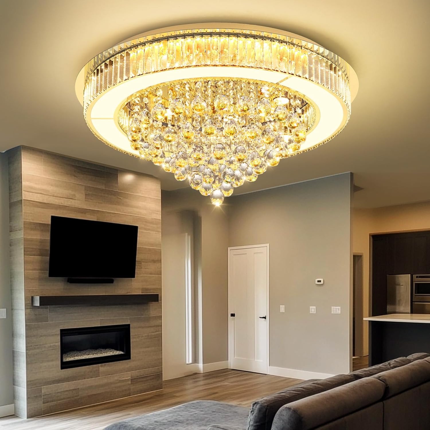 32" Modern Crystal Dimmable Chandeliers for Living Room LED Chandeliers Flush Mount Ceiling Light Fixture Dining Room Bedrooms Gold