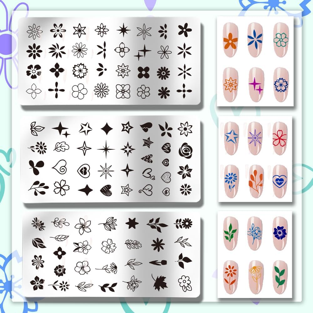 PH PandaHall 3pcs Flower Nail Stamper, Leaves Heart Nail Stamping Plate Star Nail Art Stencils Print Nail Stencils Stainless Steel Nail Image Plates for Nail Art Design Print Manicure Salon