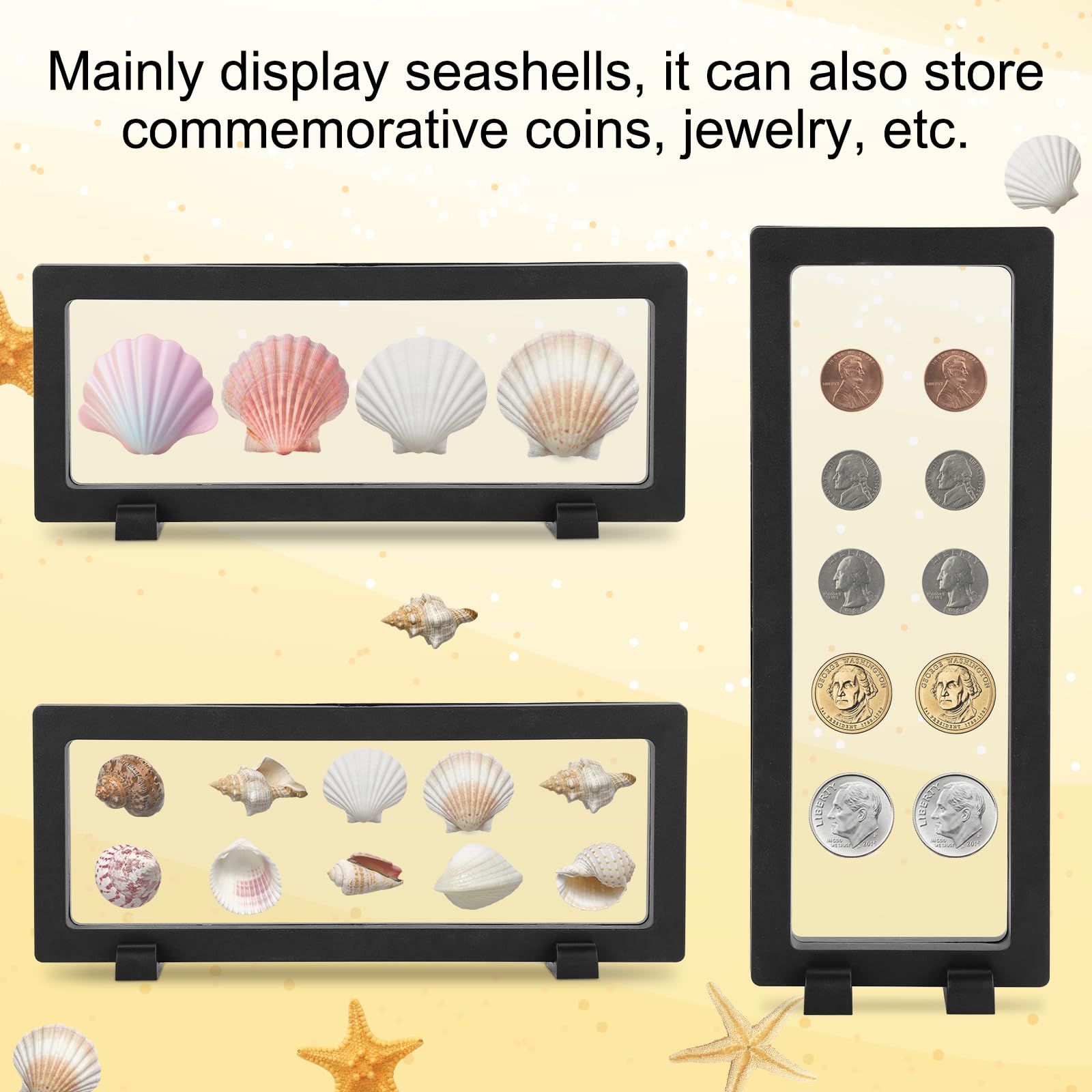 4er-Set 3D-Schwebende Präsentationsrahmen Für Muscheln, Münzen & Schmuck – 23x9x2 Cm, Mit Ständer, Schwebende Vitrine Aus Kunststoff & PE-Folie