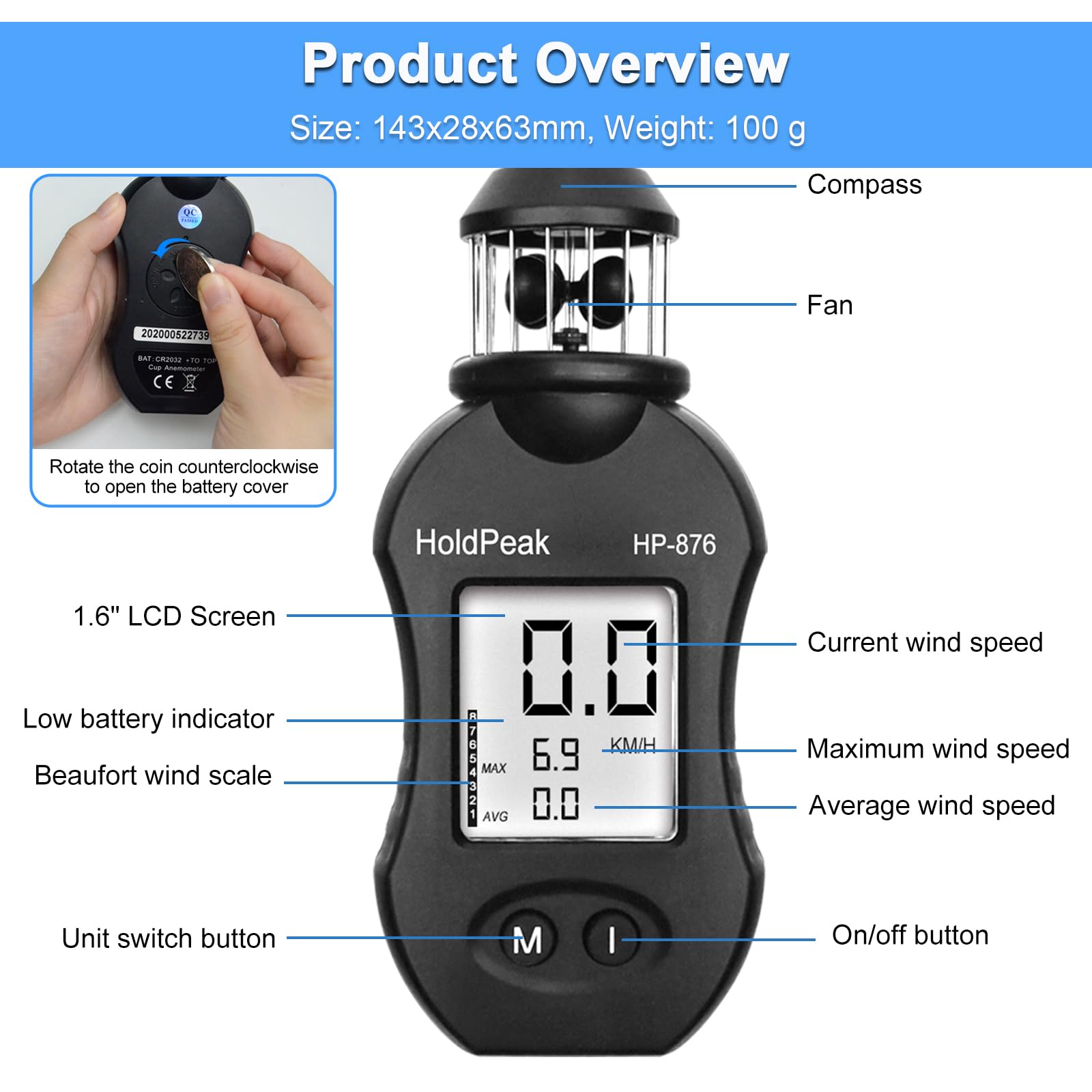 Compteur de Vitesse du Vent HP-876 Anémomètre Portable de style Tasse avec écran LCD, Mesure du Courant/Max/Moyenne de Vitesse de l'air pour le tir, la Pêche, le Surf, le Camping
