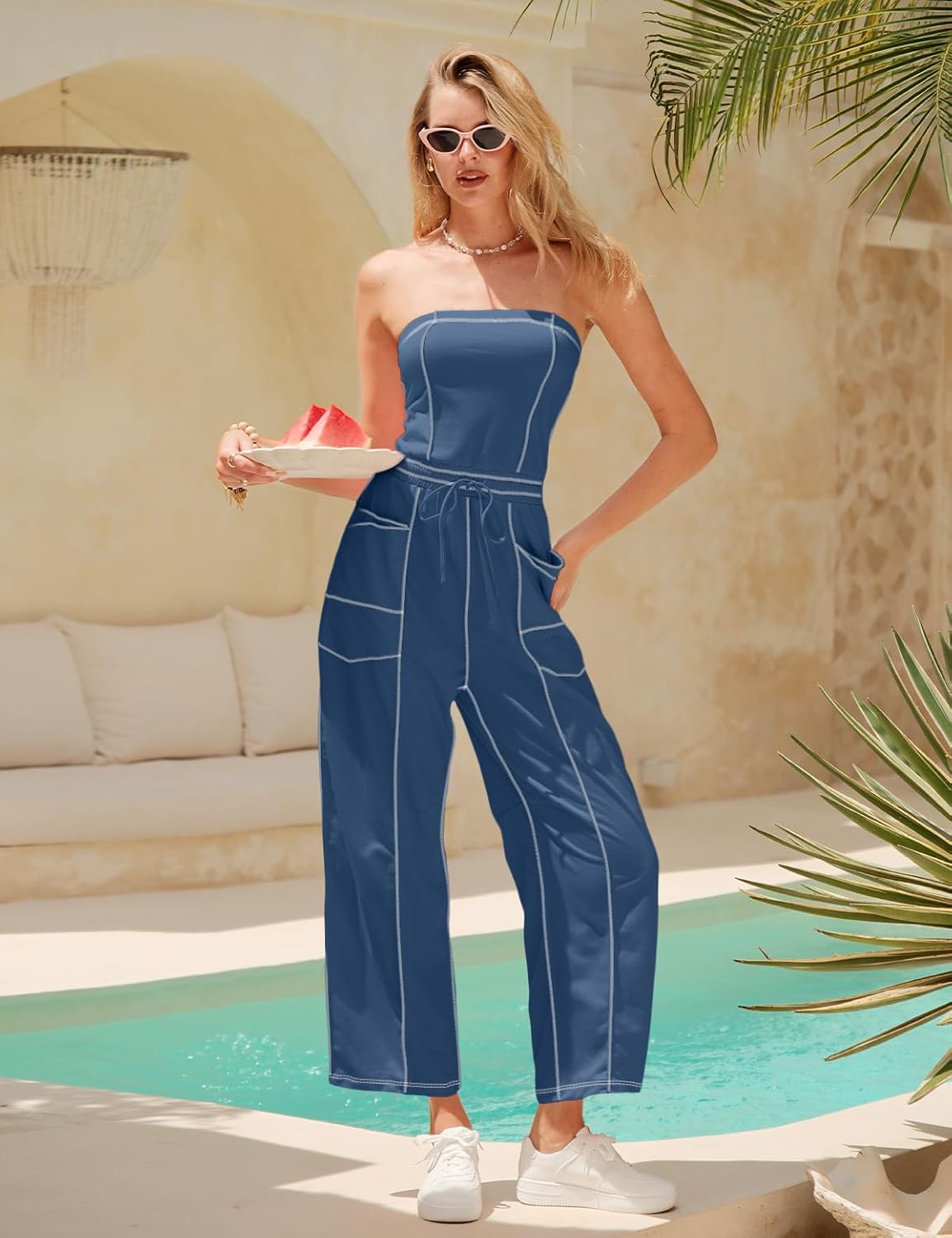 Womens Strapless Jumpsuits Off the Shoulder Tube Top barrel Overalls Loose Fit Romper with Pockets One Piece Outfits