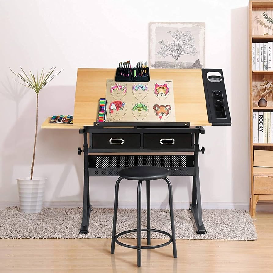 ▼製図、イラスト用デスク　未使用品 Amazon | 製図机木製製図台、高さ調節可能、傾斜可能な卓上0°-80