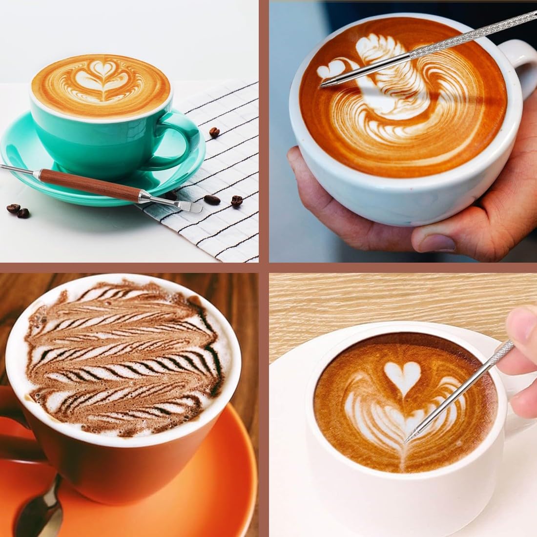 4 bolígrafos para latte art, Latte Art Bolígrafo decorativo, agujas de doble cabezal para grabar café, Café Decorating Pen, mango de madera, decorativas agujas de acero inoxidable