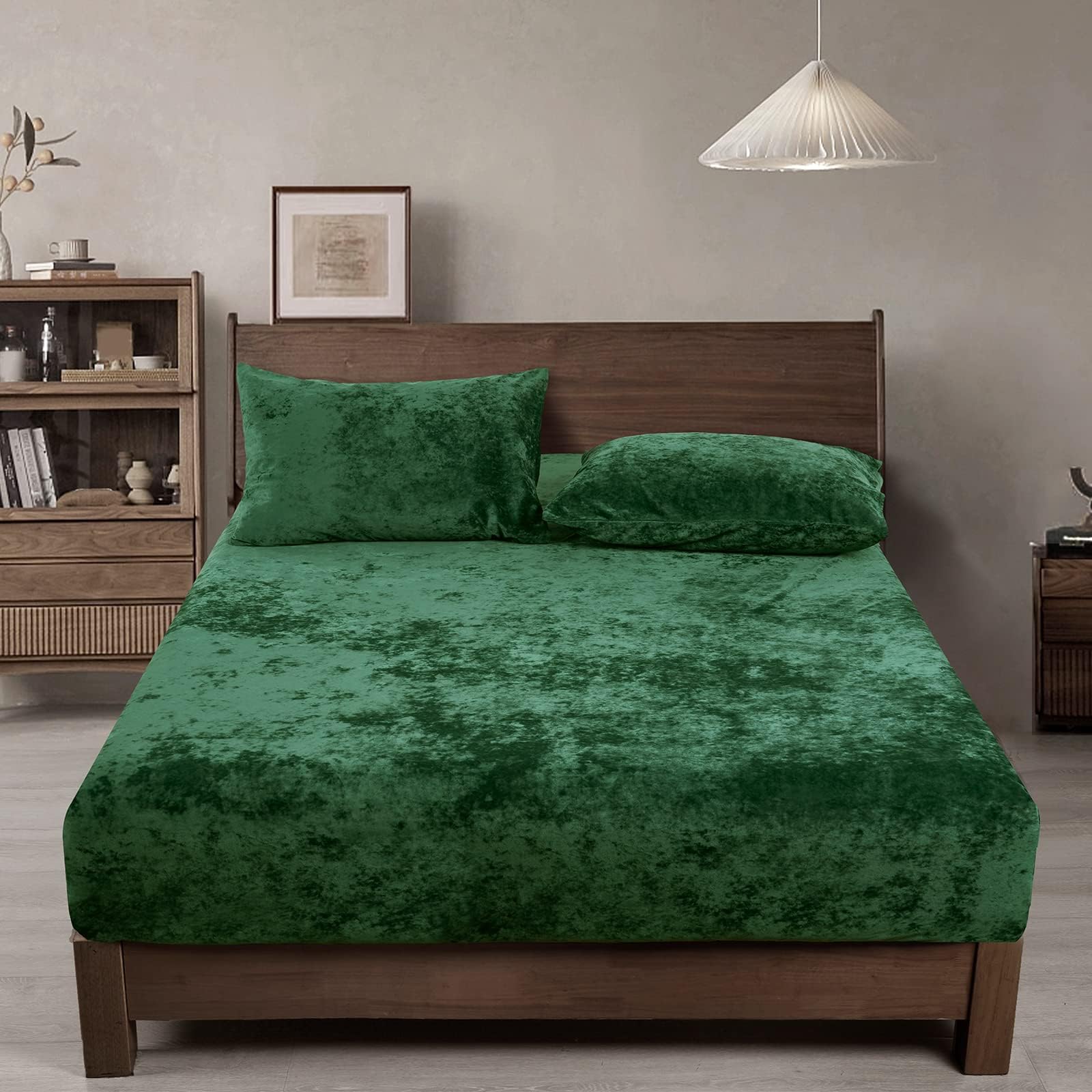 phf truly velvet fitted sheet only queen size, luxury super soft cozy fuzzy flannel bottom sheet, deep pocket up to 16", suitable for fall winter spring, no pillowcases, emerald green