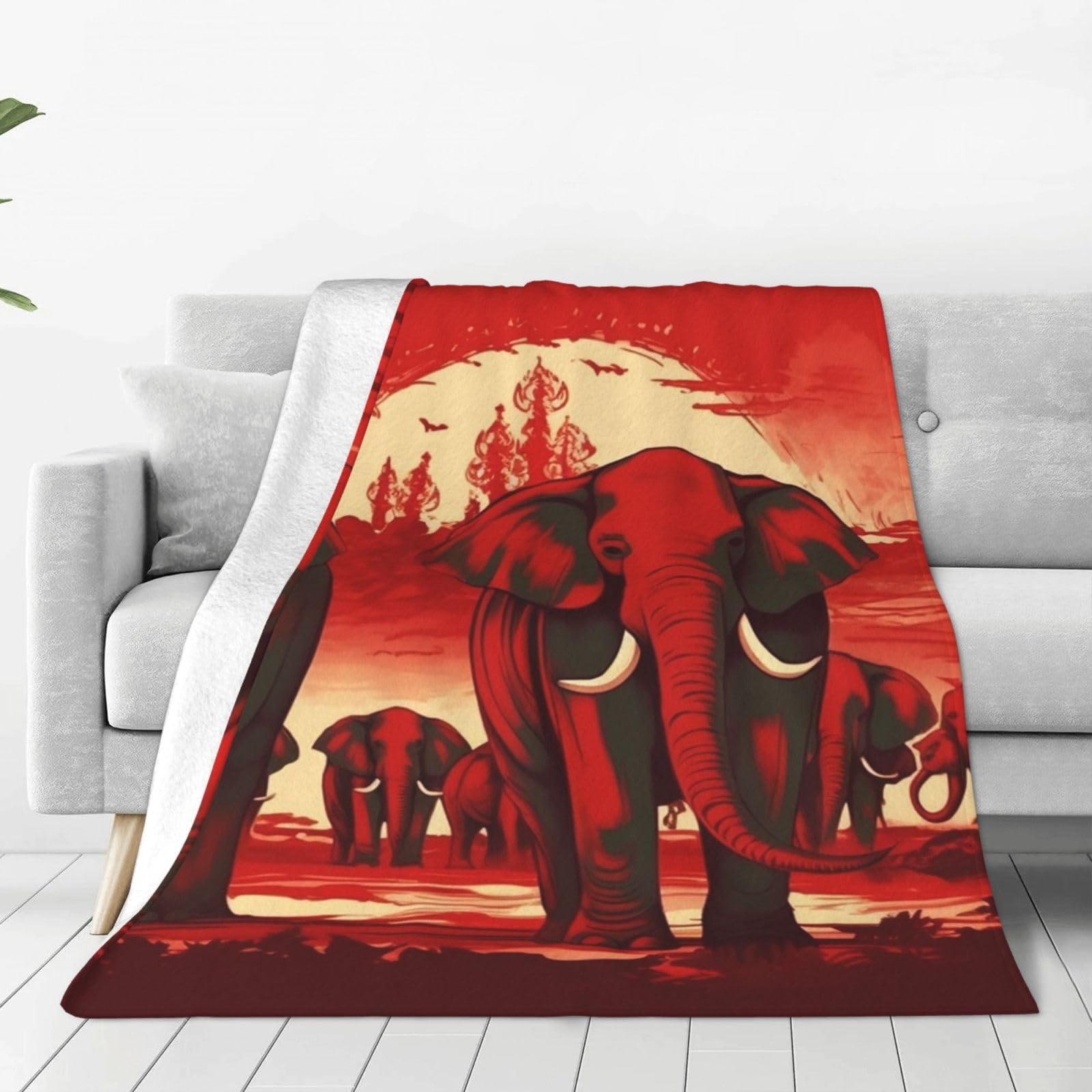 KLOPH Elephants Red Throw Blanket 40"x30" Flannel Fluffy Warm Blanket for Couch, Reversible Plush Blankets for Bed, Comfy Fuzzy Blanket for Sofa, Plush Lightweight-Blankets for All Season