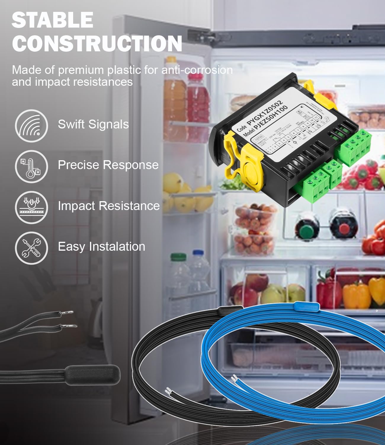 PJEZS0H100 Temperature Controller, Digital Thermostat with Temperature Sensor Probe Compatible with Carel and All Refrigerator Types, 115V, Black