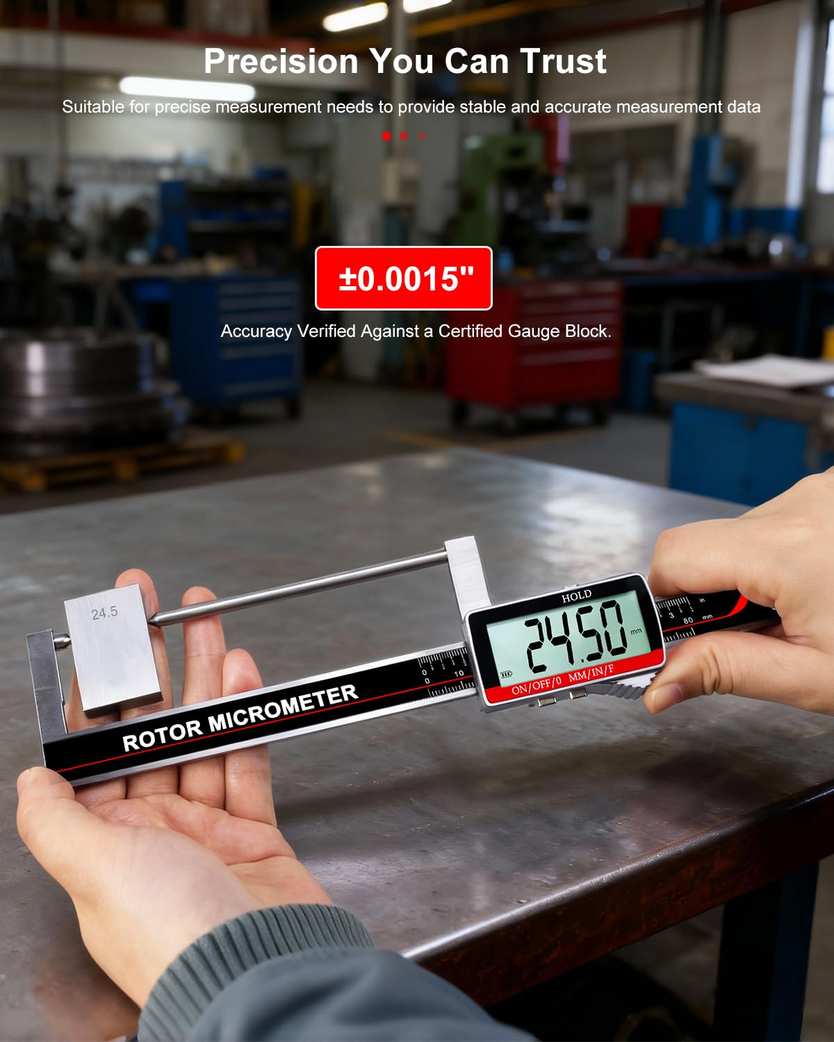 GODESON Brake Rotor Gauge, Rechargeable Digital Caliper 3.25-Inch ±0.03mm Accuracy, Stainless Steel Body, Large LCD Display with Hold, mm/inch/F Units, IP54, Measures Discs Without Removing Wheels