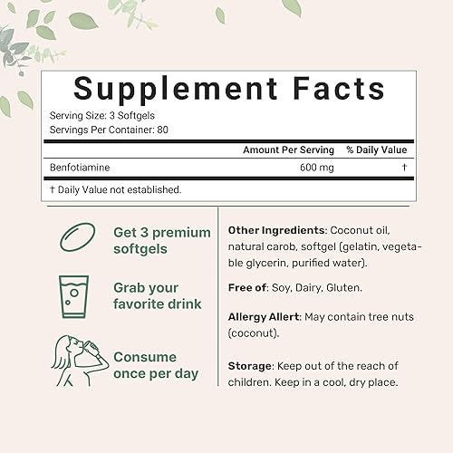 Miniatura 2 de Micro Ingredients Vitamina B1 Benfotiamina 600 mg por porción, 240 cápsulas blandas de aceite de coco  Suplemento de vitaminas B biodisponible,