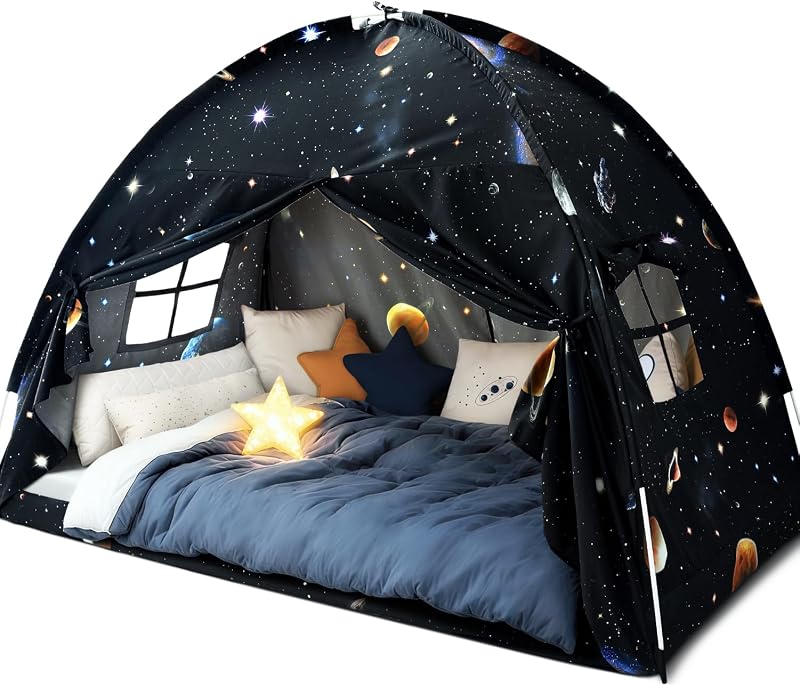 Tienda de campaña con dosel para niños pequeños con cama doble, Tienda de campaña para dormir Space Galaxy con dosel interior para niños | Carpas de cama de tamaño doble, casa de juegos con dosel, privacidad, literas opacas, carpas de piso para interiores para niños y niñas, cumpleaños, regalo de Navidad para casa