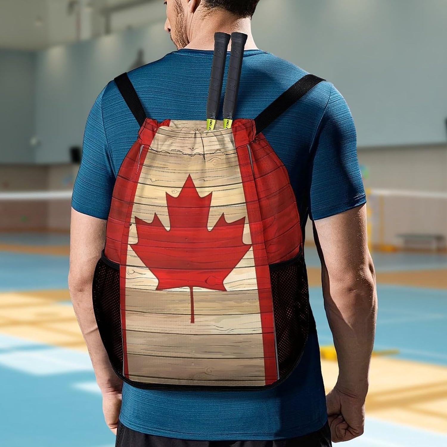 Canadian Flag Wooden Printed Drawstring Backpack Sports String Bag Gym Sackpack for Basketball Sport Beach