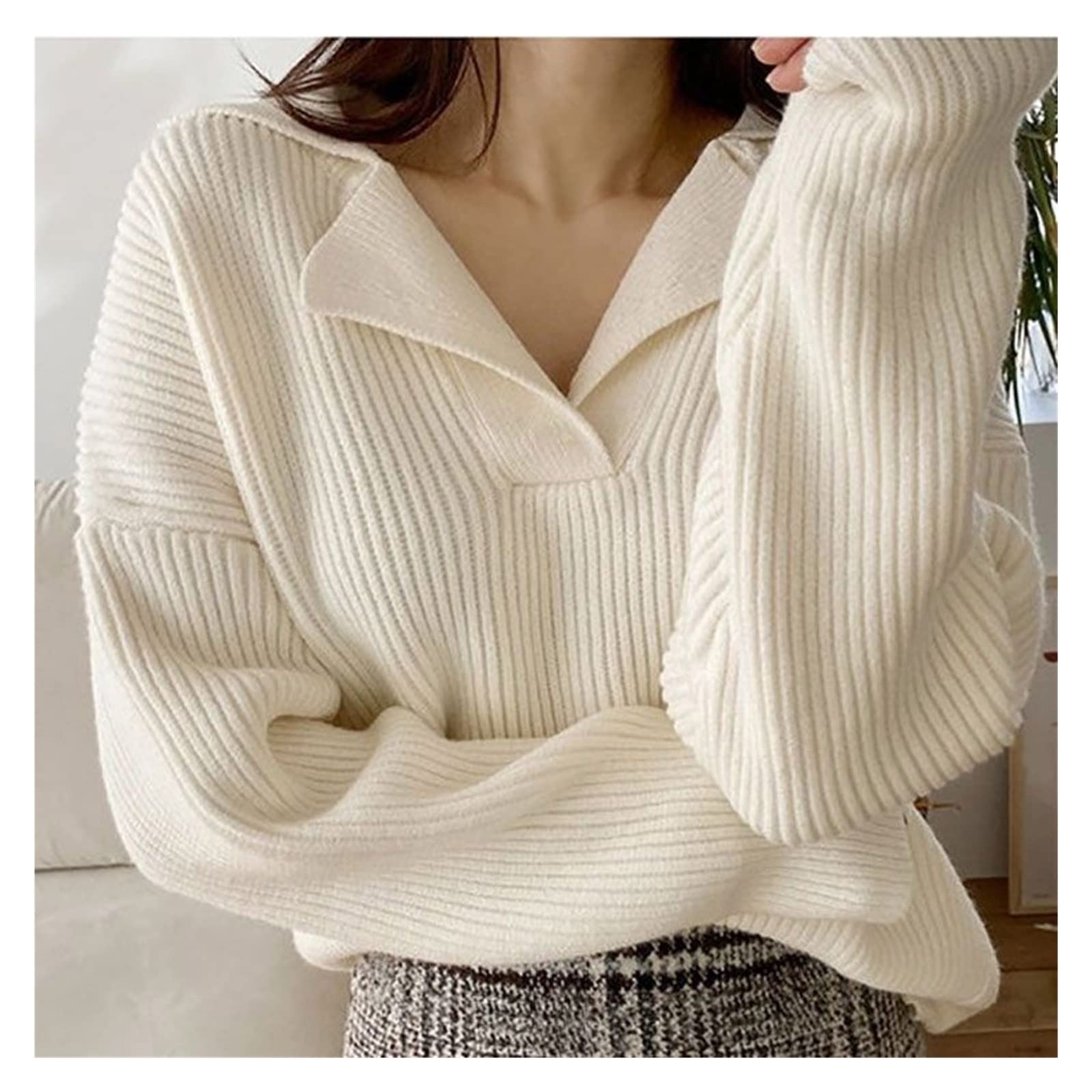 Luźny sweter z dzianiny, dekolt w kształcie litery V, długi rękaw, sweter oversize, sweter damski (kolor: D, rozmiar: jak na zdjęciu) (E jak pokazano)