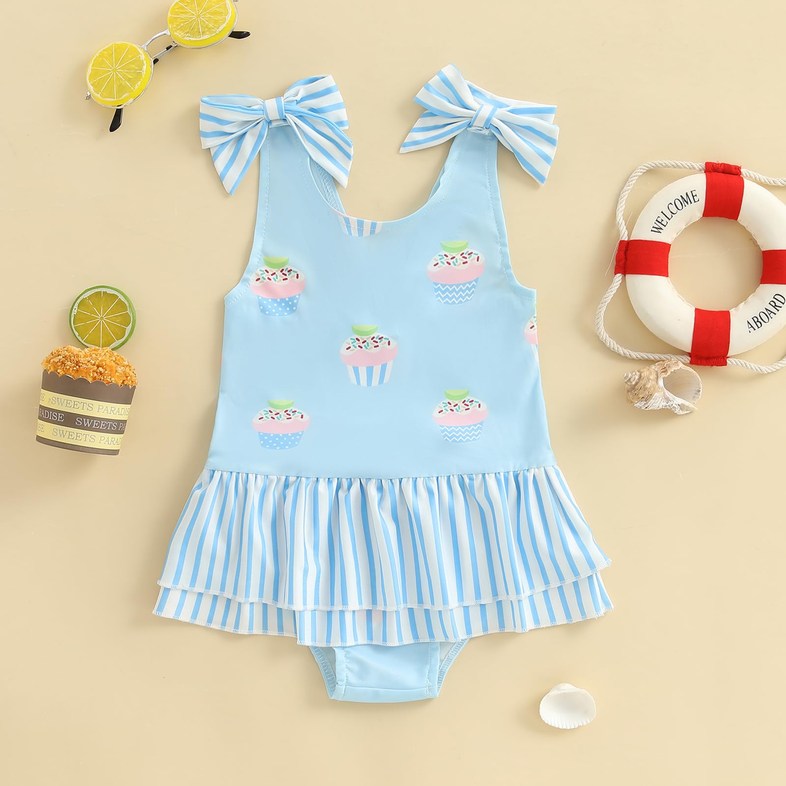 ZAXARRA Kid Girl Bow Swimsuit Striped Lemon Cupcake Print U Neck Sleeveless Ruffled Bathing Suits Cute Beachwear (Blue, 2-3 Years)