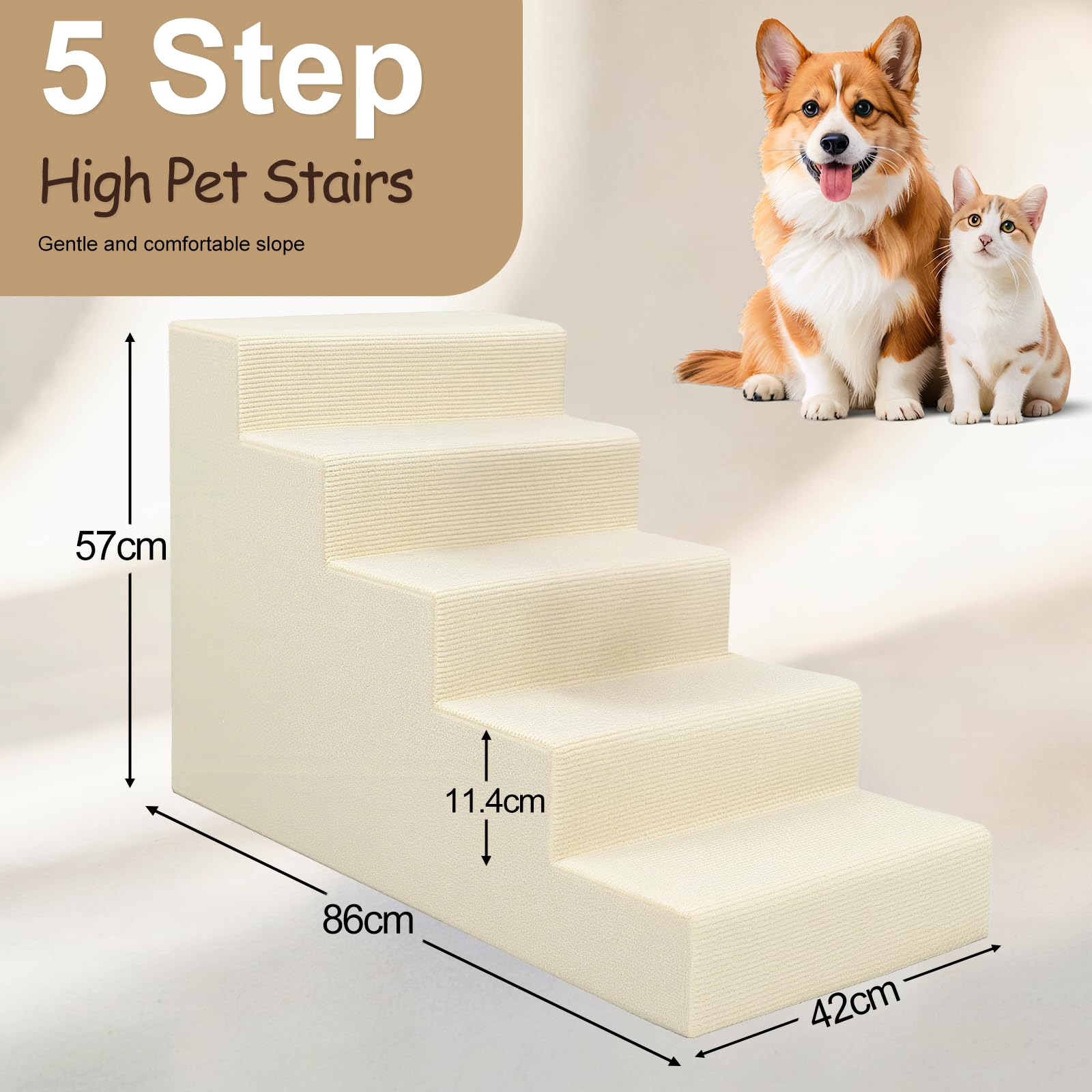 Niubya Escalera para Perros Medianos y Grandes de 5 Escalones, 86x42x57 cm, Espuma 30D, Funda Lavable y Antideslizante, para Cama y Sofá (Beige)