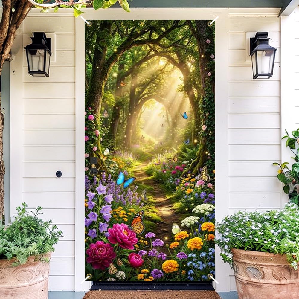 Enchanted Forest Door Cover Butterfly Floral Front Door Banner