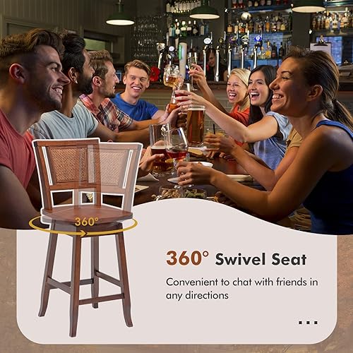 Miniatura 6 de COSTWAY Juego de 2 taburetes de bar de 24.5 pulgadas de altura de mostrador con respaldo de ratán, asiento giratorio de 360, cómodos reposapiés,