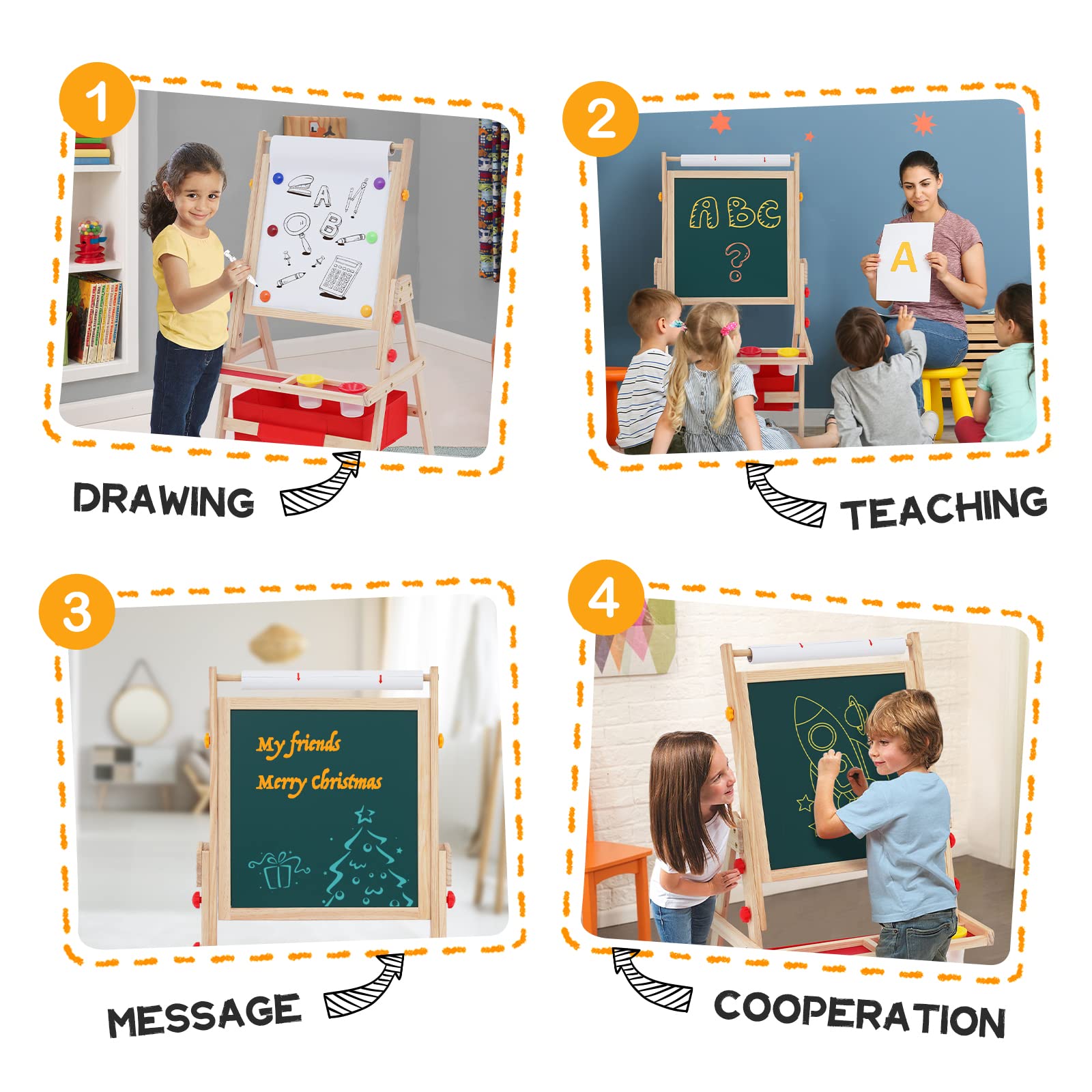 HOMCENT Kindertafel aus Holz mit Papierrollenhalter für Kinder, Doppelseitige Drehbare Kunst Staffelei für Jungen Mädchen, Staffelei Holz Kinder mit Whiteboard, Tafel
