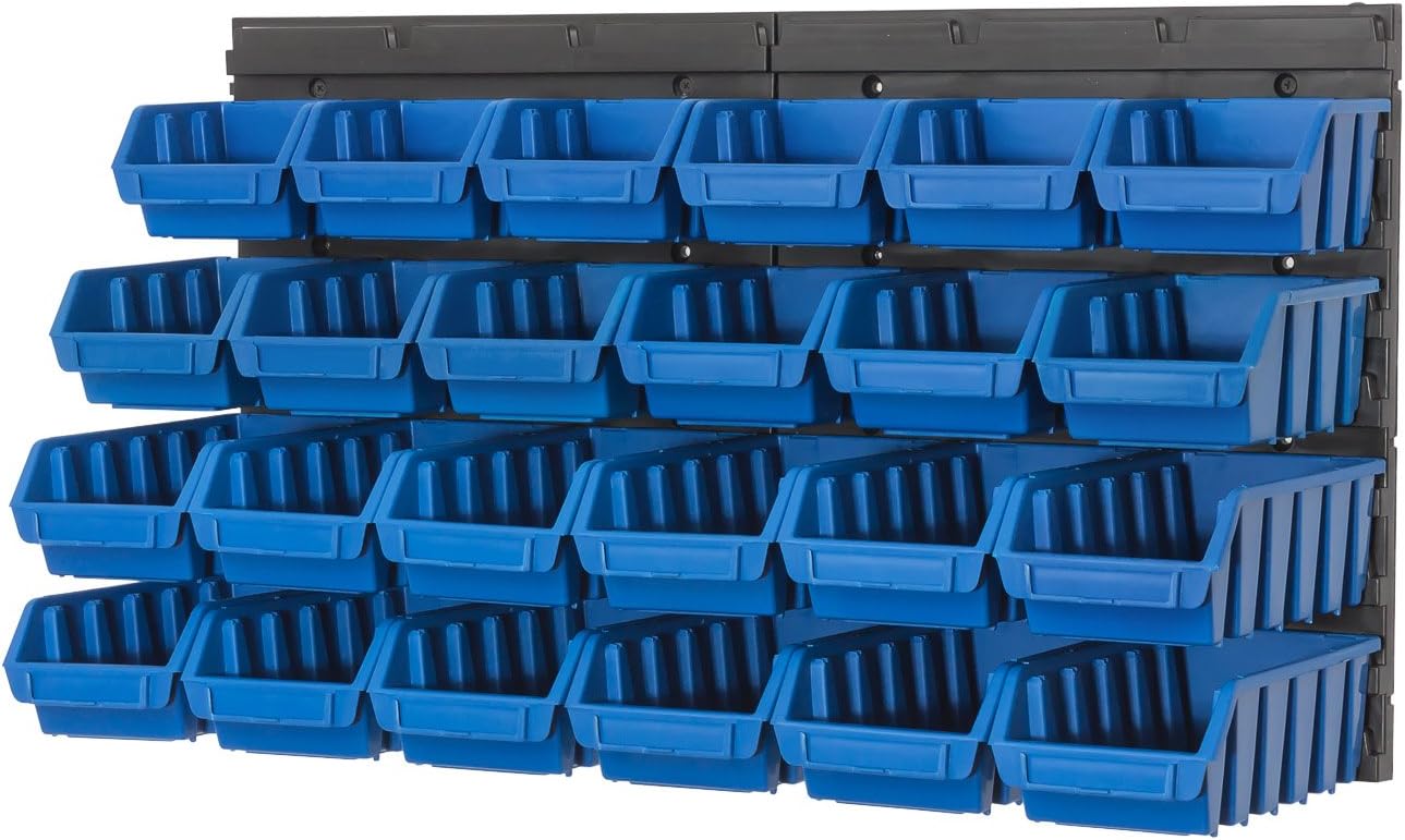 Storage bins with wall mounted panel 24 blue bins in 3