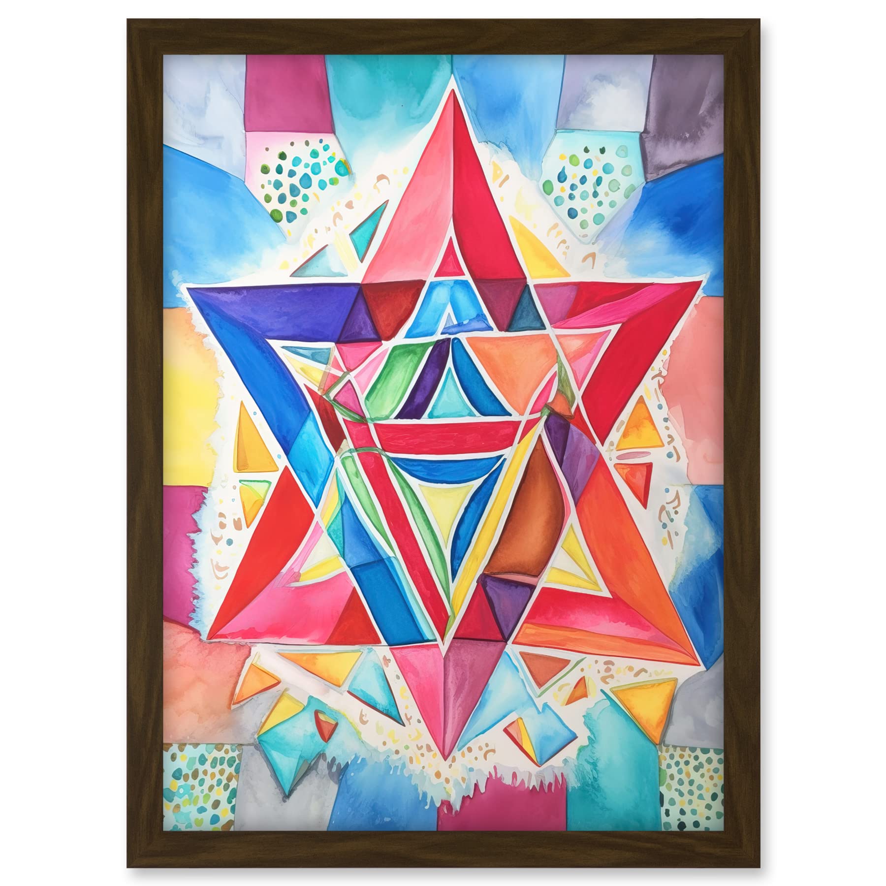 Artery8 Jewish Star Of David Bright Multicoloured Folk Art Watercolour Painting Artwork Framed A3 Wall Art Print