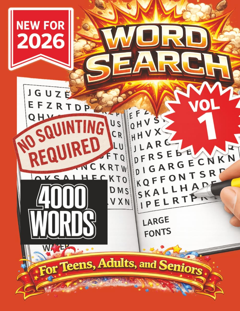 Word Search- New for 2026! 4000 Words-NO SQUINTING REQUIRED!: Word Search Puzzle book with 4000 words!: 4000 Words Word Search Puzzle book for all ... Great for vacation, holidays at home, and