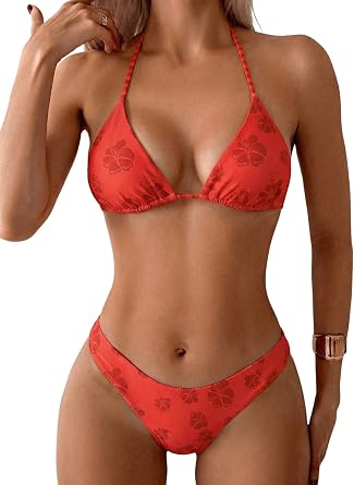 MakeMeChic Womens Polka Dots Triangle Thong Bikini Sets Floral Cute Bathing Suit Swimsuits
