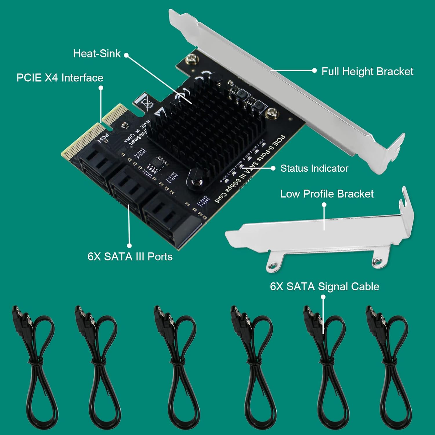 PCIE to 6-Ports 6Gbps Max Speed SATA III Expansion Card for Desktop PCs, Plug and Play on Windows OS MAC OS Linux System, ASMedia ASM1166 None-Raid PCIE SATA III Host Controller (FS-S6-Pro)