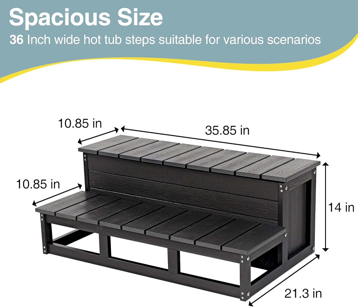 36'' Hot Tub Steps with Storage, Wood Looking HIPS Outdoor Spa Steps, Non-Slip Heavy Duty Hot Tub Stairs for Outdoor & Indoor, Black