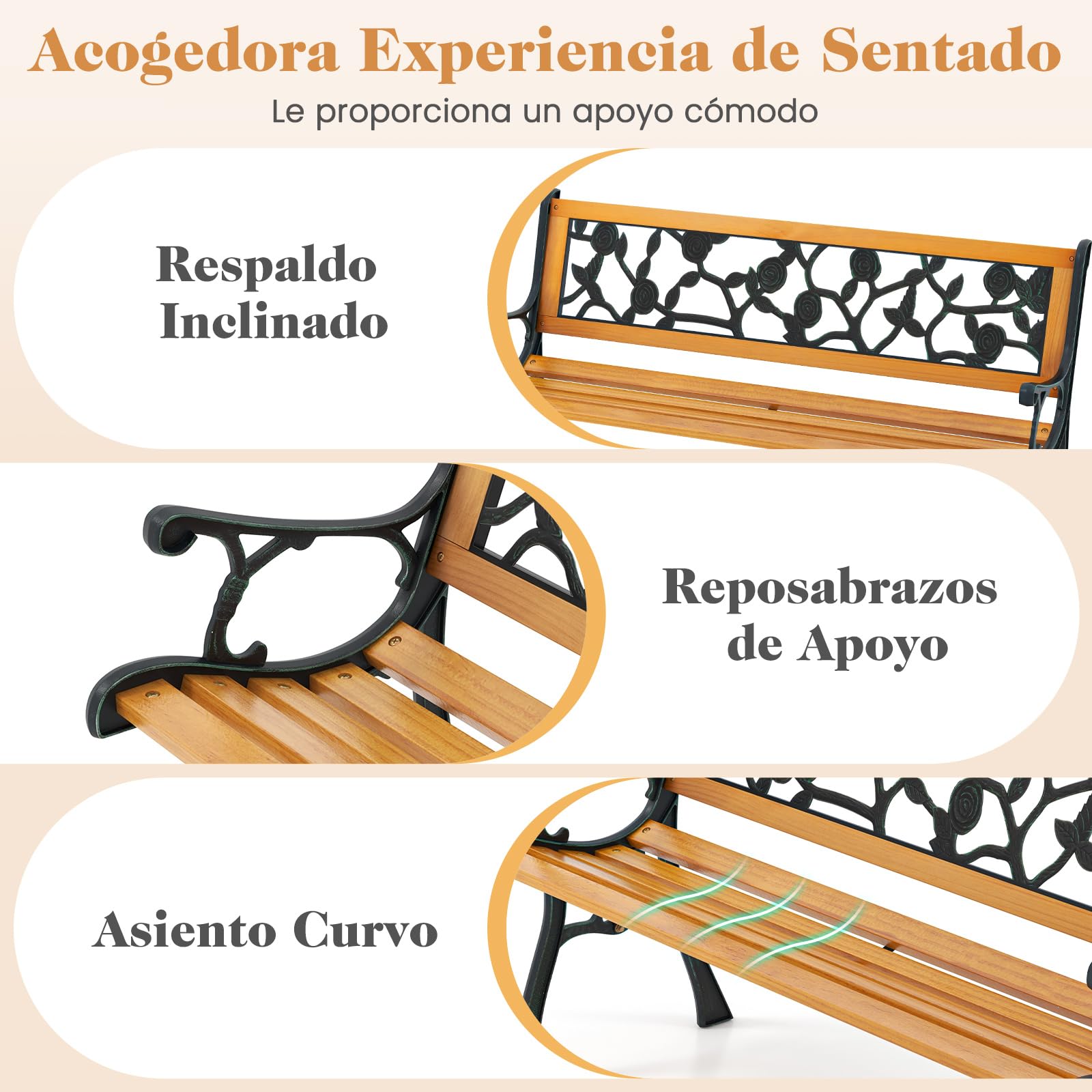GOPLUS Banco Jardín Exterior de 3 Plazas, Banco de Madera de Pino con Estructura Metálica, Reposabrazos, Respaldo Decorativo, Asiento Listonado para Jardín Parque Patio (Estilo 1, 126 x 52 x 74 cm)