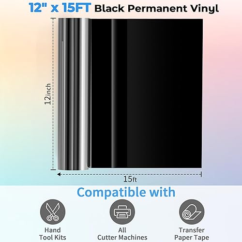 Miniatura 9 de Vinilo permanente negro, rollo de vinilo adhesivo de 12 pulgadas x 15 pies para Cricut, Silhouette All Cutting Machine, vinilo negro brillante para