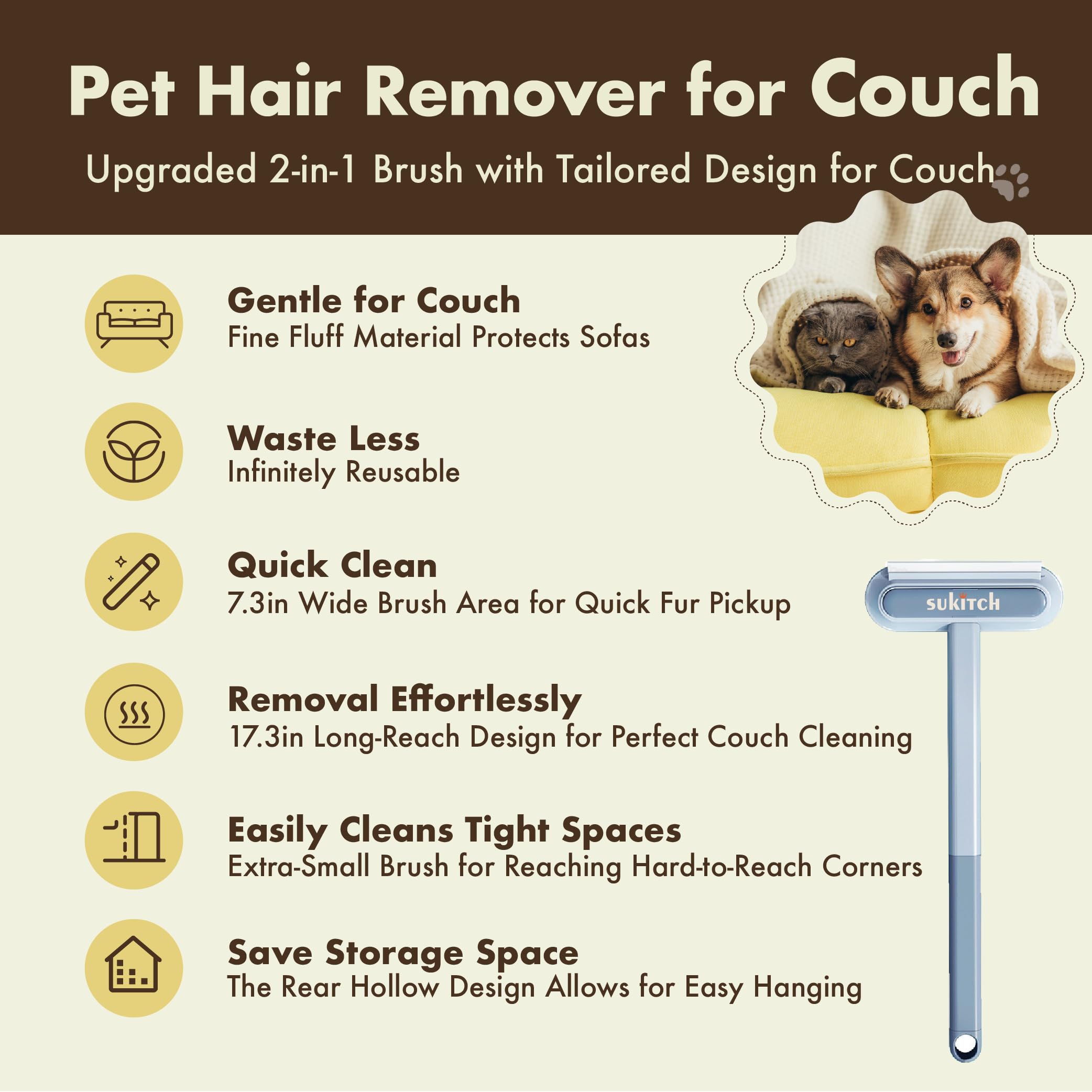 Pet Hair Remover for Couch, Grey, 17.3Inch, Durable, Reusable, Washable Lint Cleaner for Dog and Cat Hair, Gentle on Furniture, Effective on Carpets, Clothing, Bedding - image 2