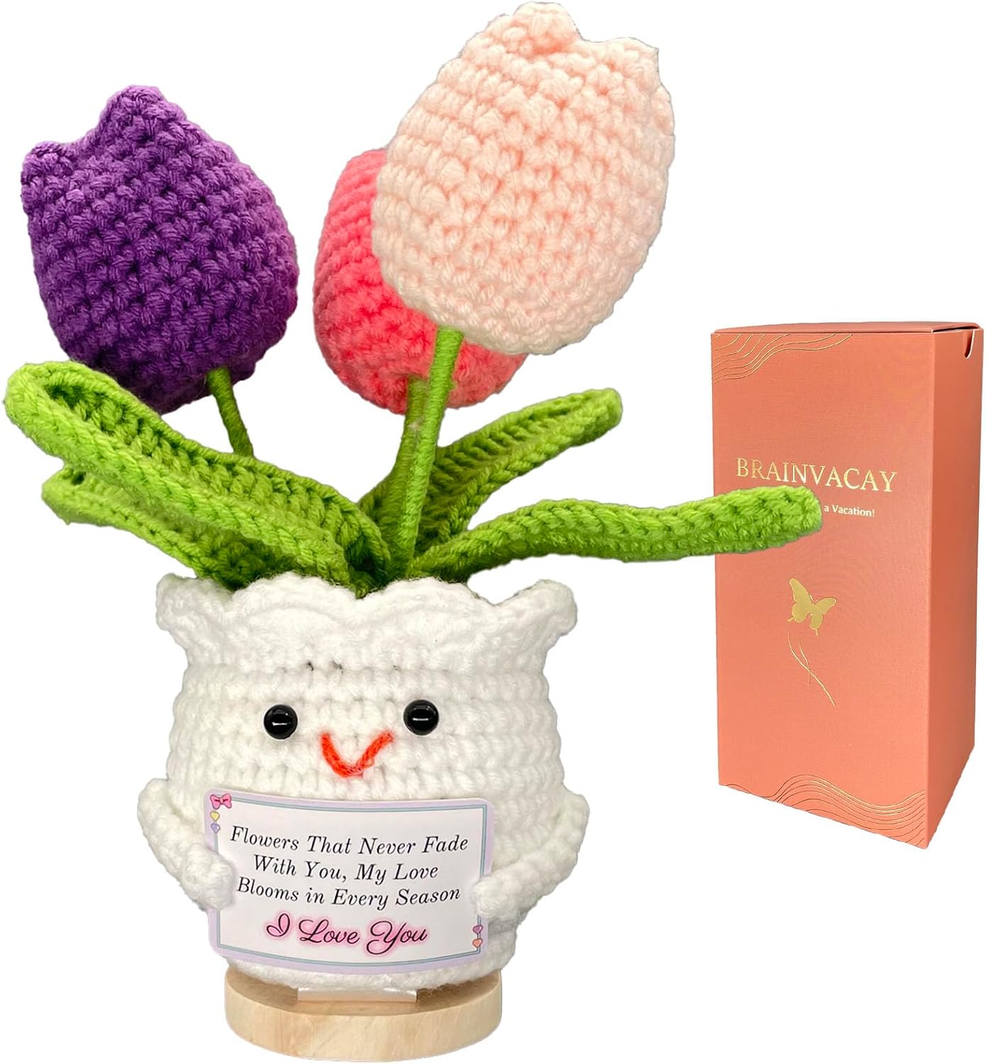 Mini Crochet Tulip Flowers in Pot, I Love You Desk Decor with Love Note Card, Unique Gift for Girlfriend, Wife - Anniversary, Birthday, Valentine's Day, Gift-Ready Boxed