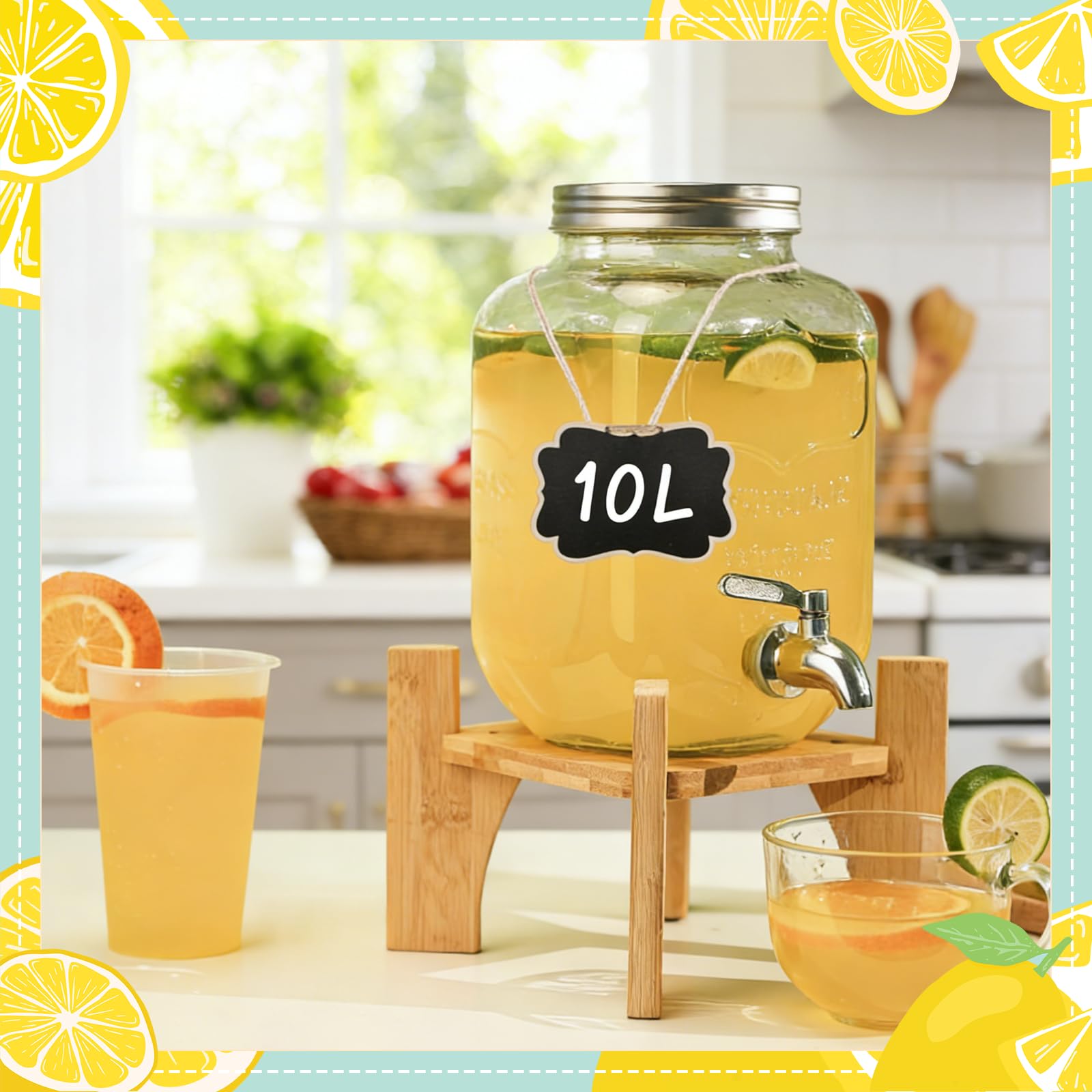Dispensador de bebidas de 10 L con soporte y tapa, dispensador de limonada con grifo de vidrio de borasilicato resistente al calor con grifo inoxidable para jardín, buffet, fiesta y cocina, bodas