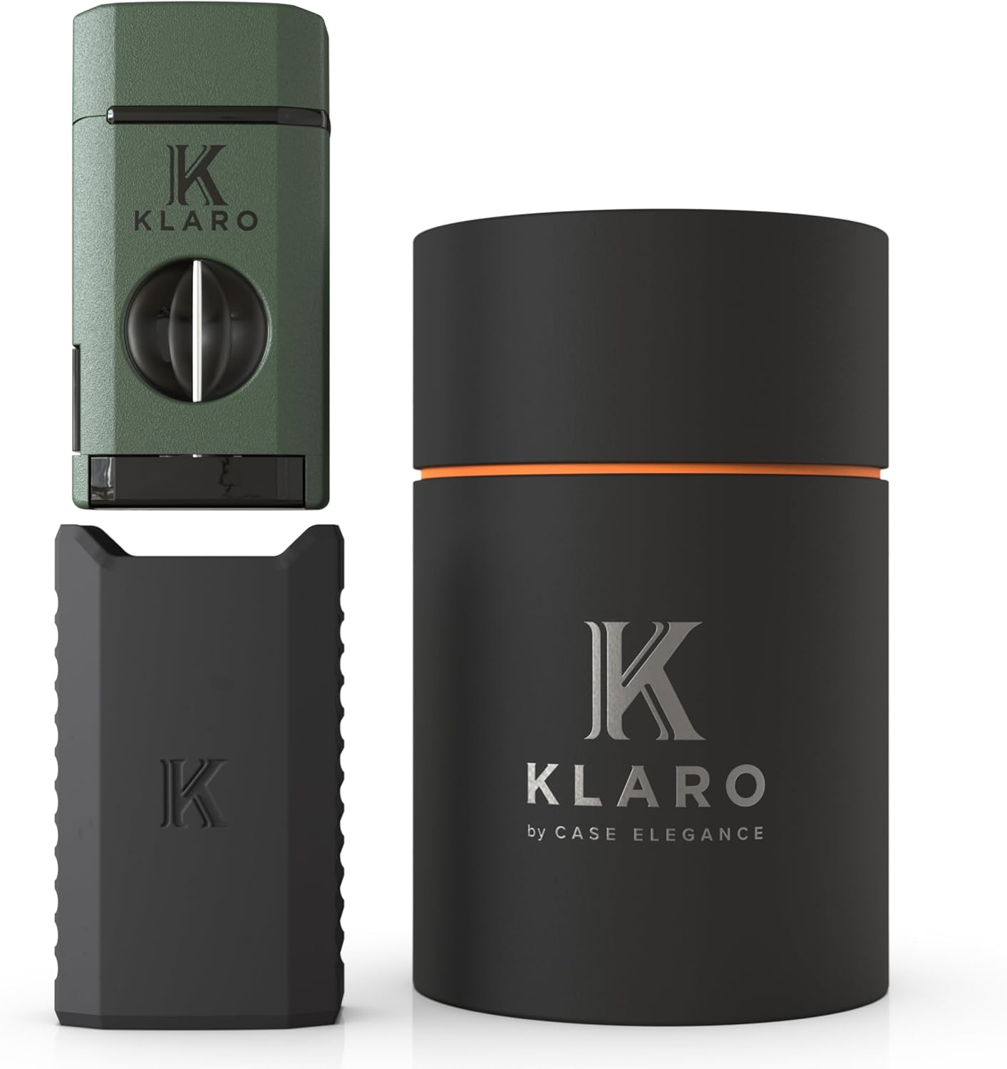 KLARO Triple Torch Lighter and V-Cut Cutter – Spring-Loaded V-Cut, with Rest Lid, Gift-Ready with Silicone Sleeve – Black Finish – Lighter for Men